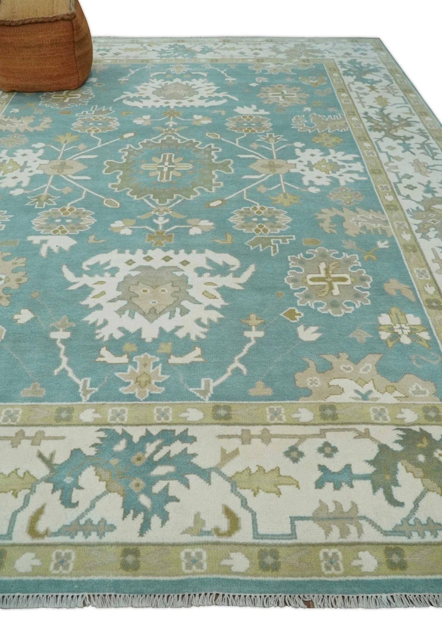 Hand Knotted Oriental Oushak Teal, Ivory and Beige Wool Area Rug - Image 3