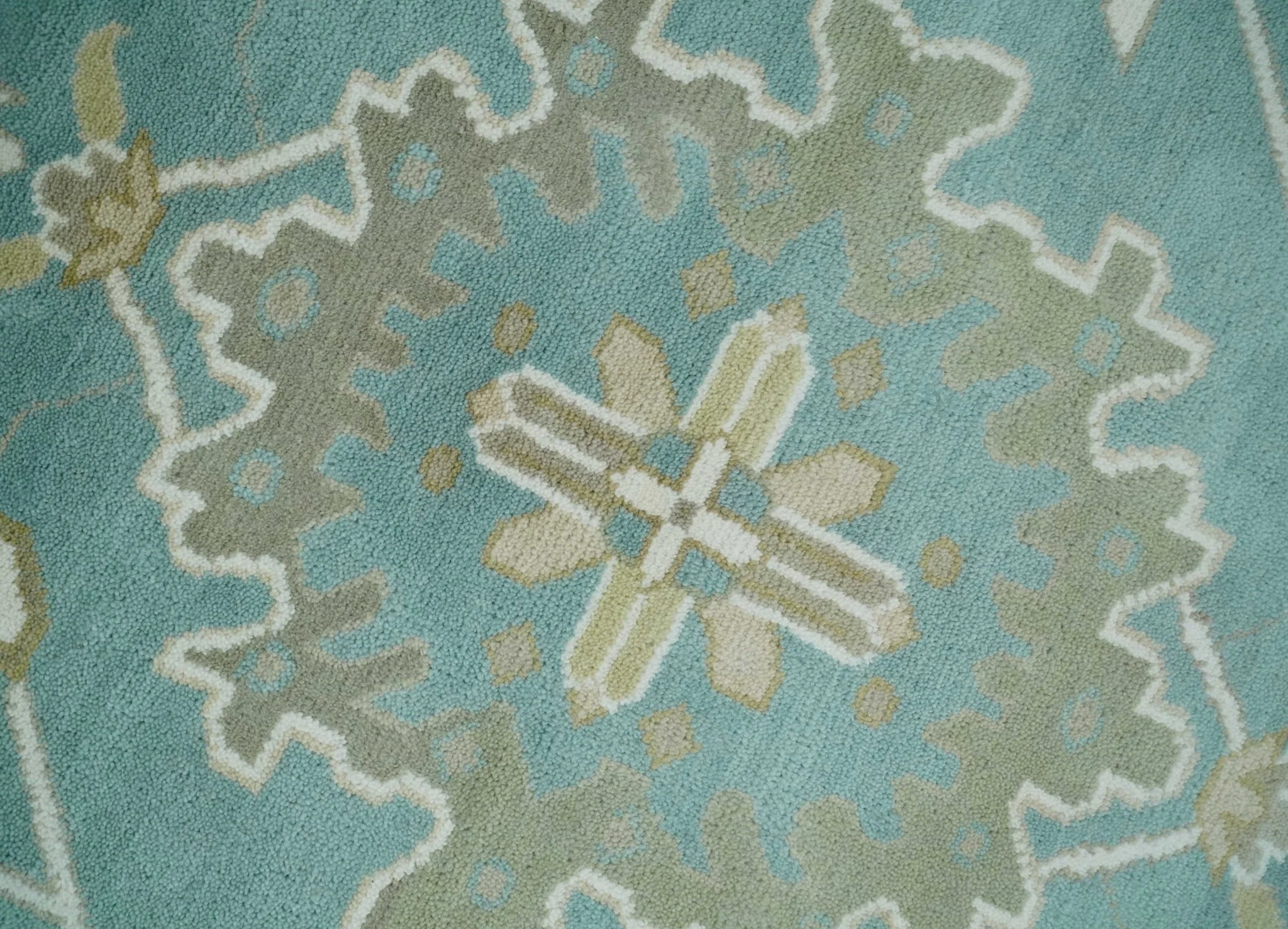 Hand Knotted Oriental Oushak Teal, Ivory and Beige Wool Area Rug - Image 4