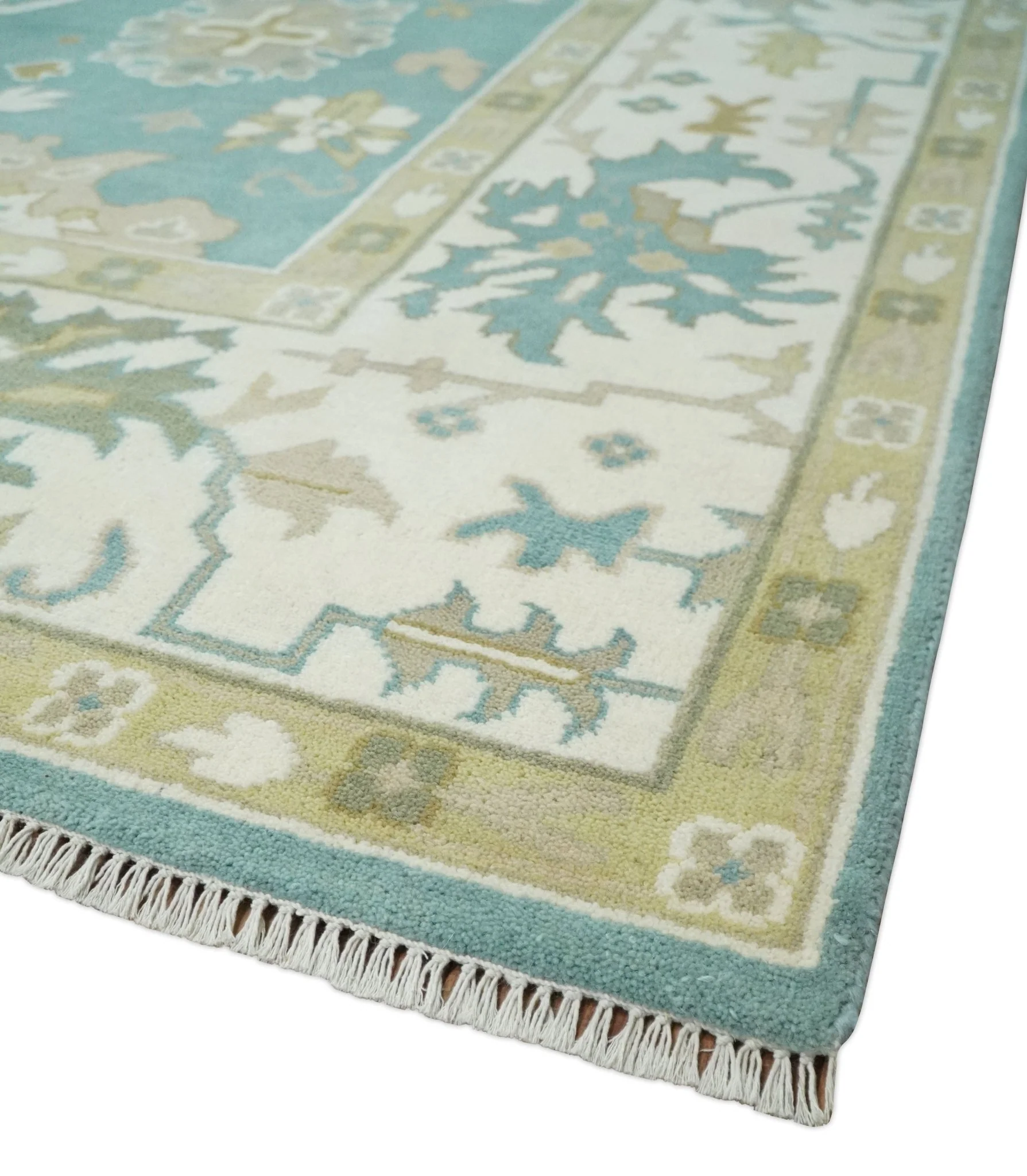 Hand Knotted Oriental Oushak Teal, Ivory and Beige Wool Area Rug - Image 5