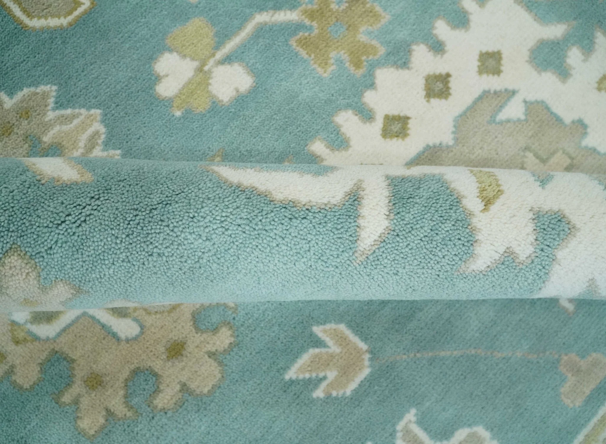 Hand Knotted Oriental Oushak Teal, Ivory and Beige Wool Area Rug - Image 6