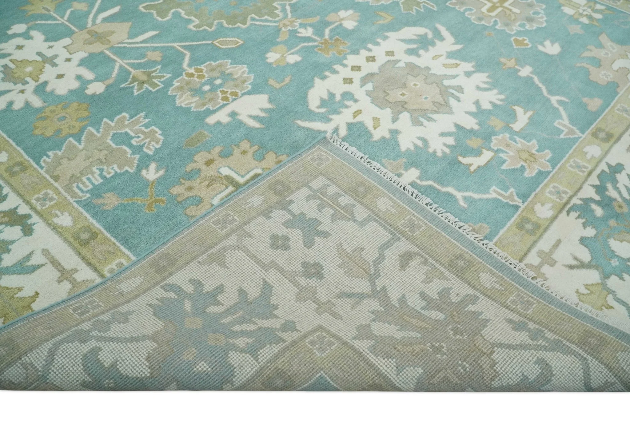 Hand Knotted Oriental Oushak Teal, Ivory and Beige Wool Area Rug - Image 7