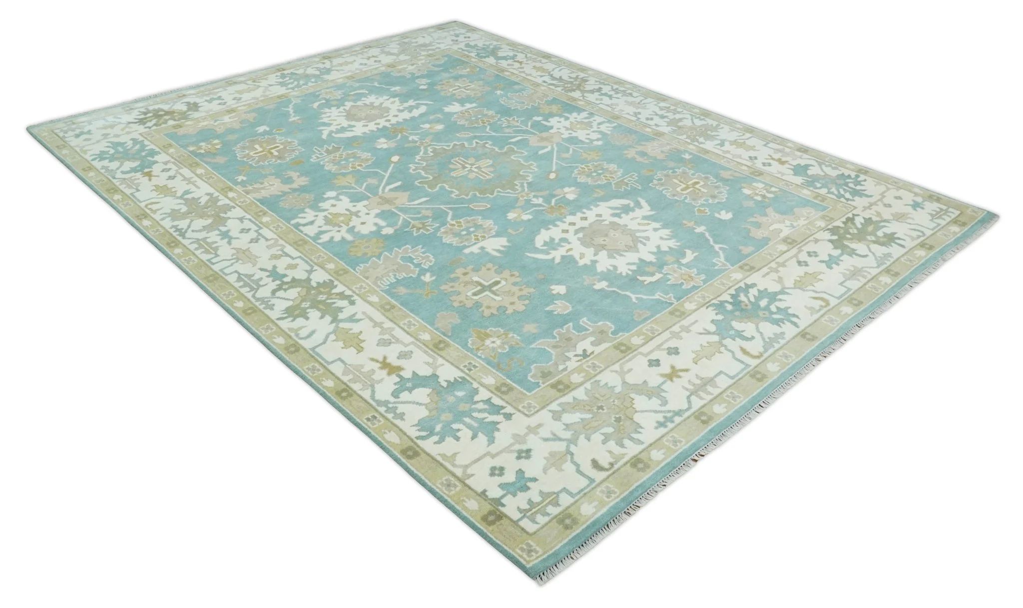 Hand Knotted Oriental Oushak Teal, Ivory and Beige Wool Area Rug - Image 9