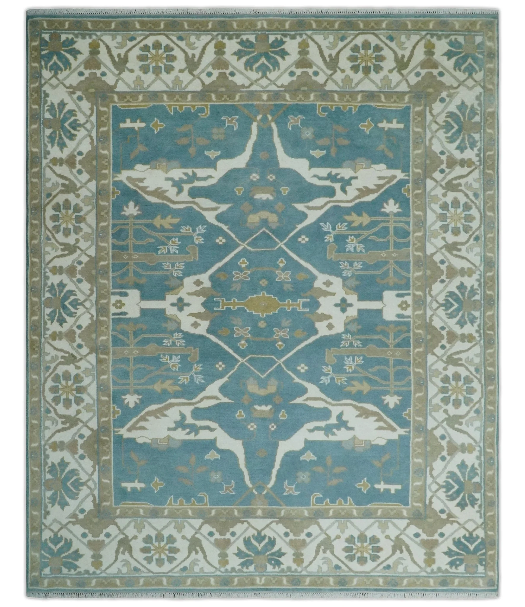 Hand Knotted Oriental Oushak Teal, Ivory and Beige Wool Area Rug - Image 11