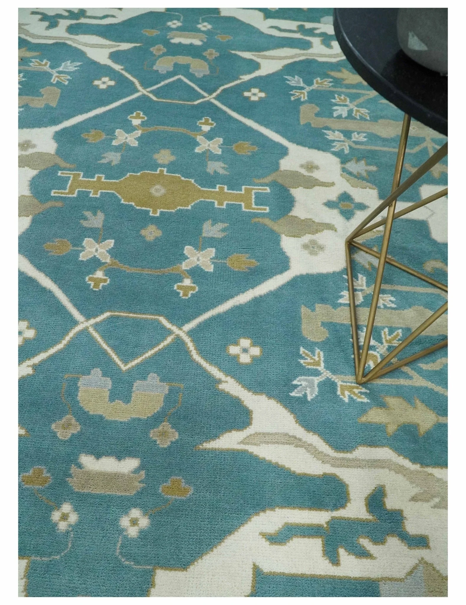 Hand Knotted Oriental Oushak Teal, Ivory and Beige Wool Area Rug - Image 2