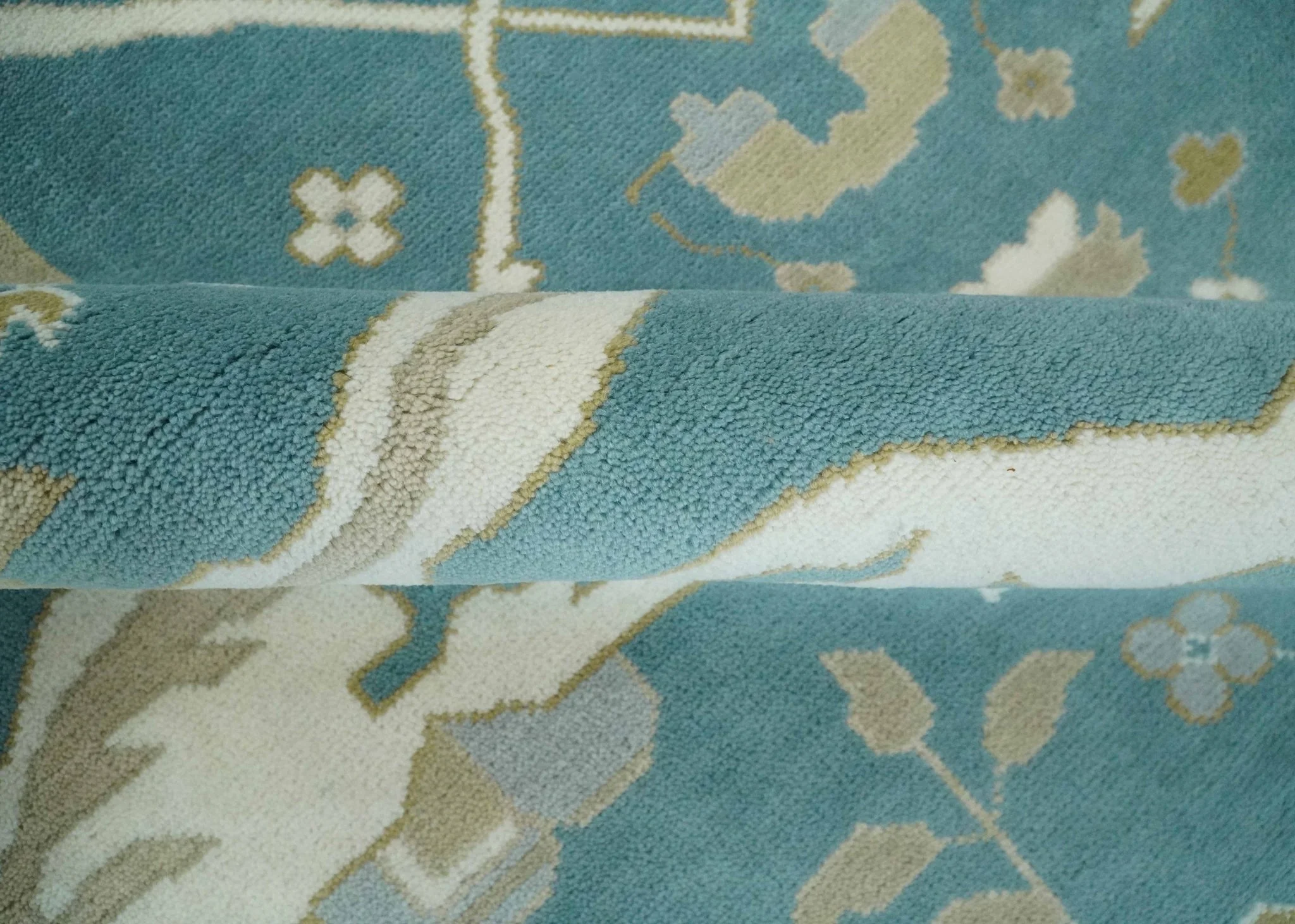 Hand Knotted Oriental Oushak Teal, Ivory and Beige Wool Area Rug - Image 6