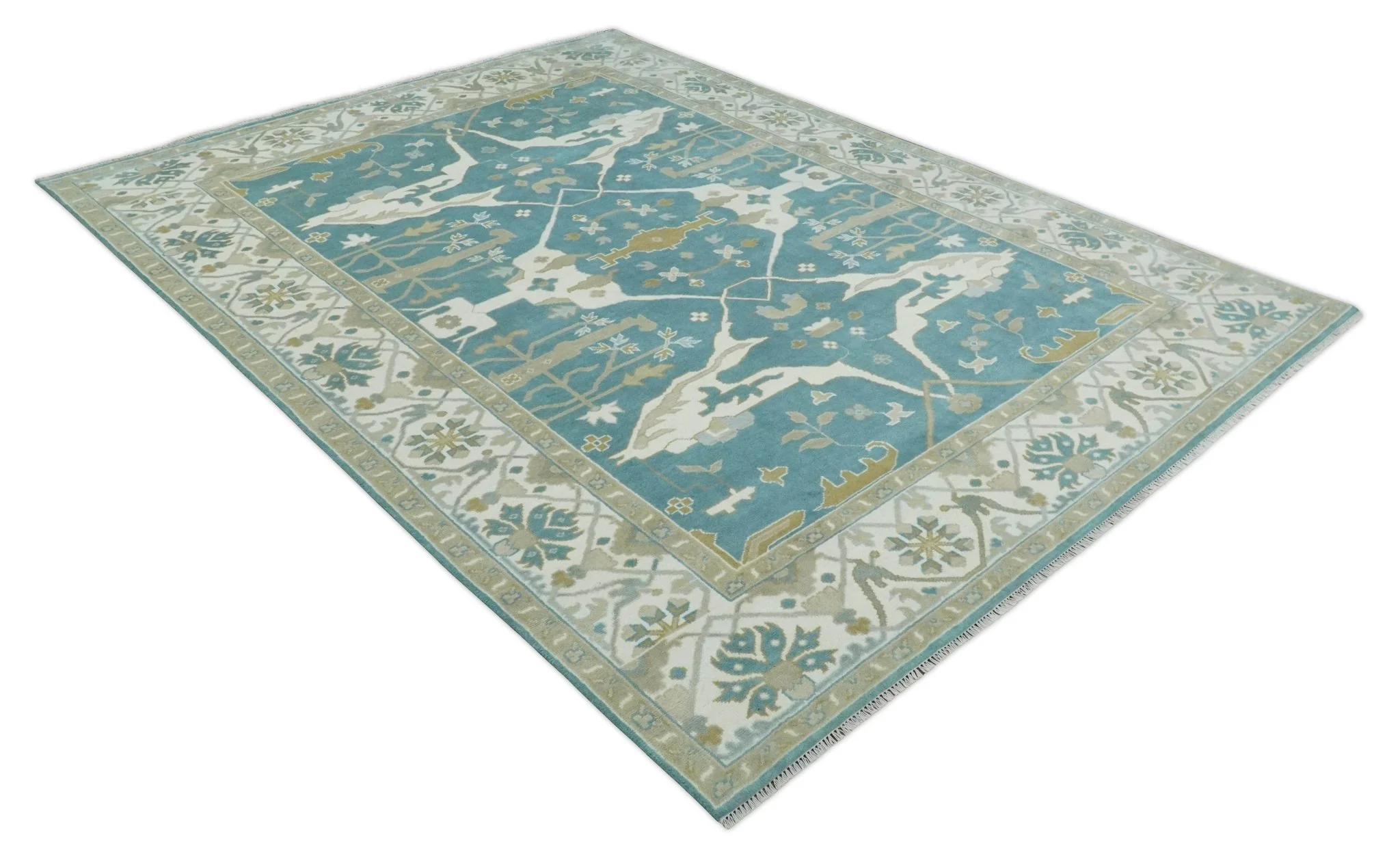 Hand Knotted Oriental Oushak Teal, Ivory and Beige Wool Area Rug - Image 9