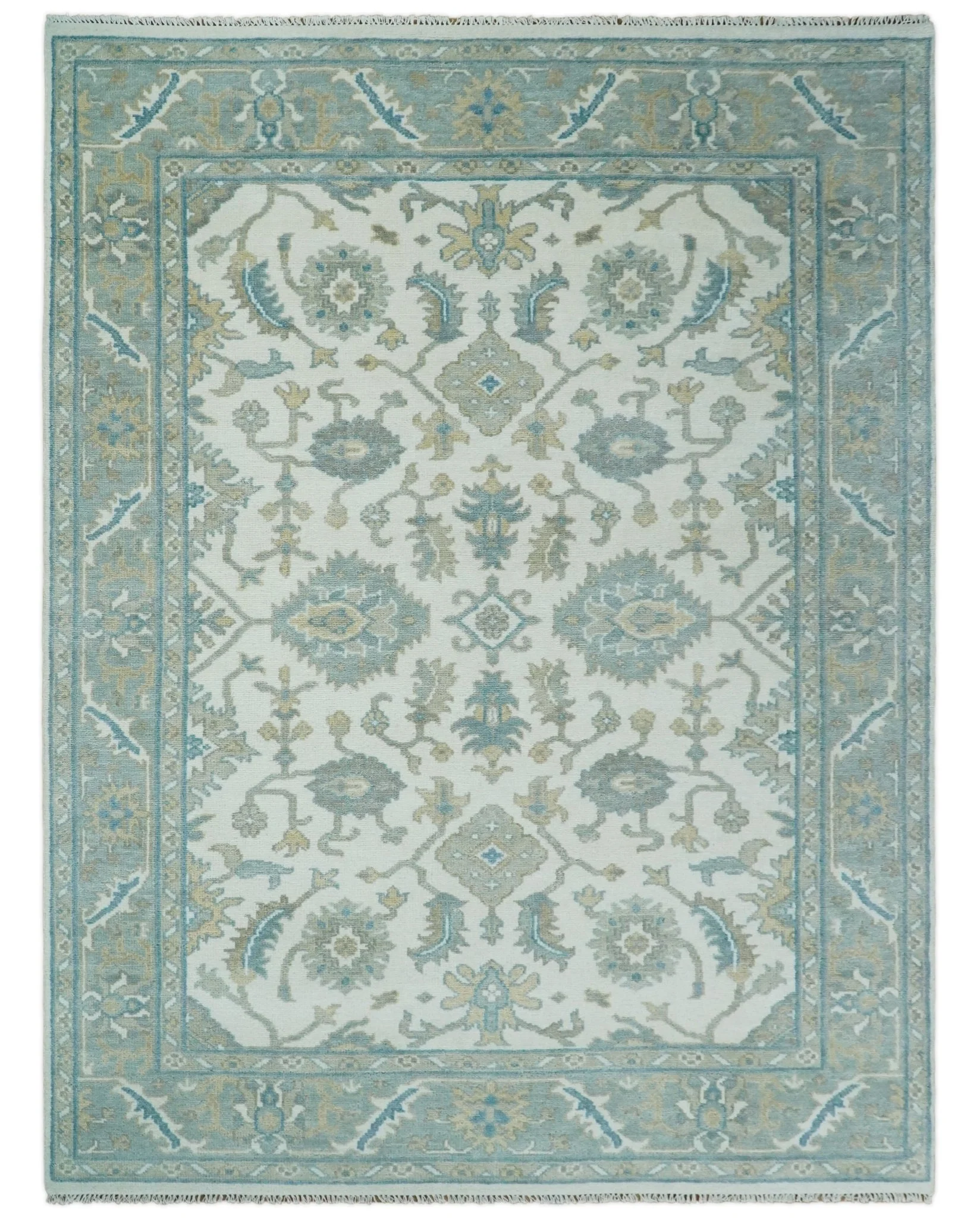 Hand Knotted Oriental Oushak Teal, Ivory and Beige Custom Made Wool Area Rug - Image 13