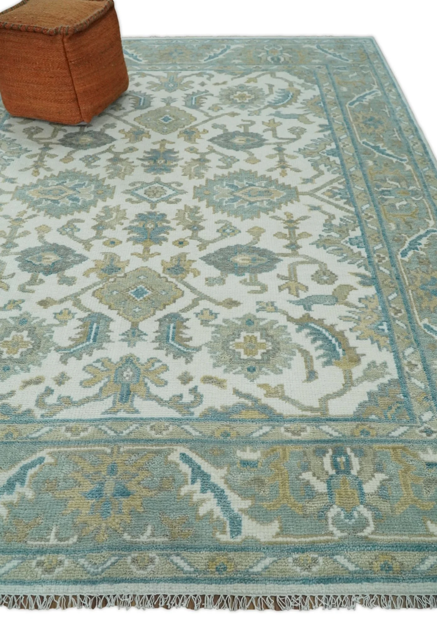 Hand Knotted Oriental Oushak Teal, Ivory and Beige Custom Made Wool Area Rug - Image 3