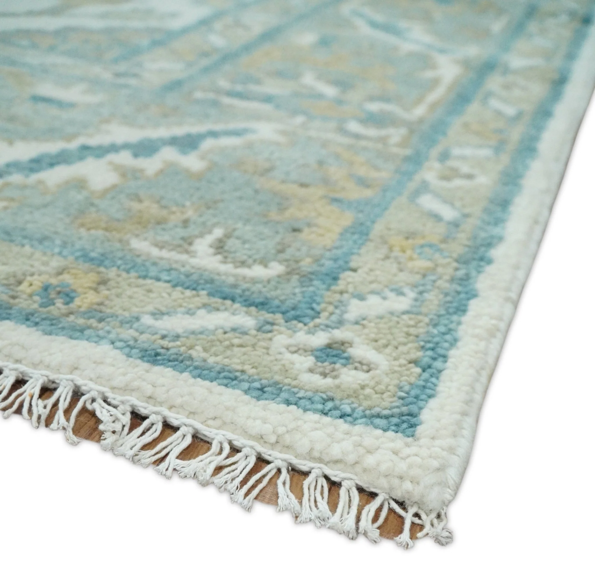 Hand Knotted Oriental Oushak Teal, Ivory and Beige Custom Made Wool Area Rug - Image 5