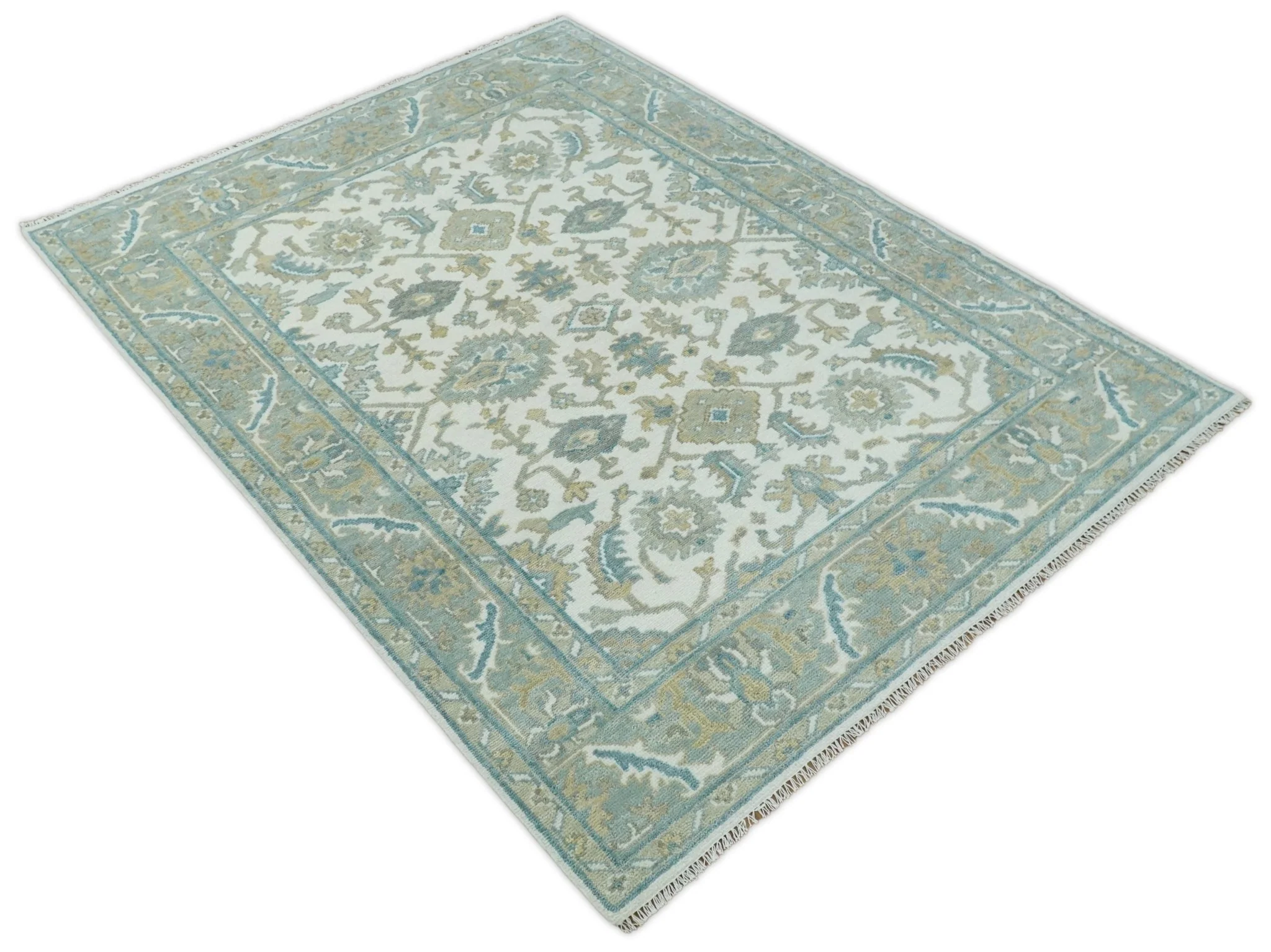 Hand Knotted Oriental Oushak Teal, Ivory and Beige Custom Made Wool Area Rug - Image 7