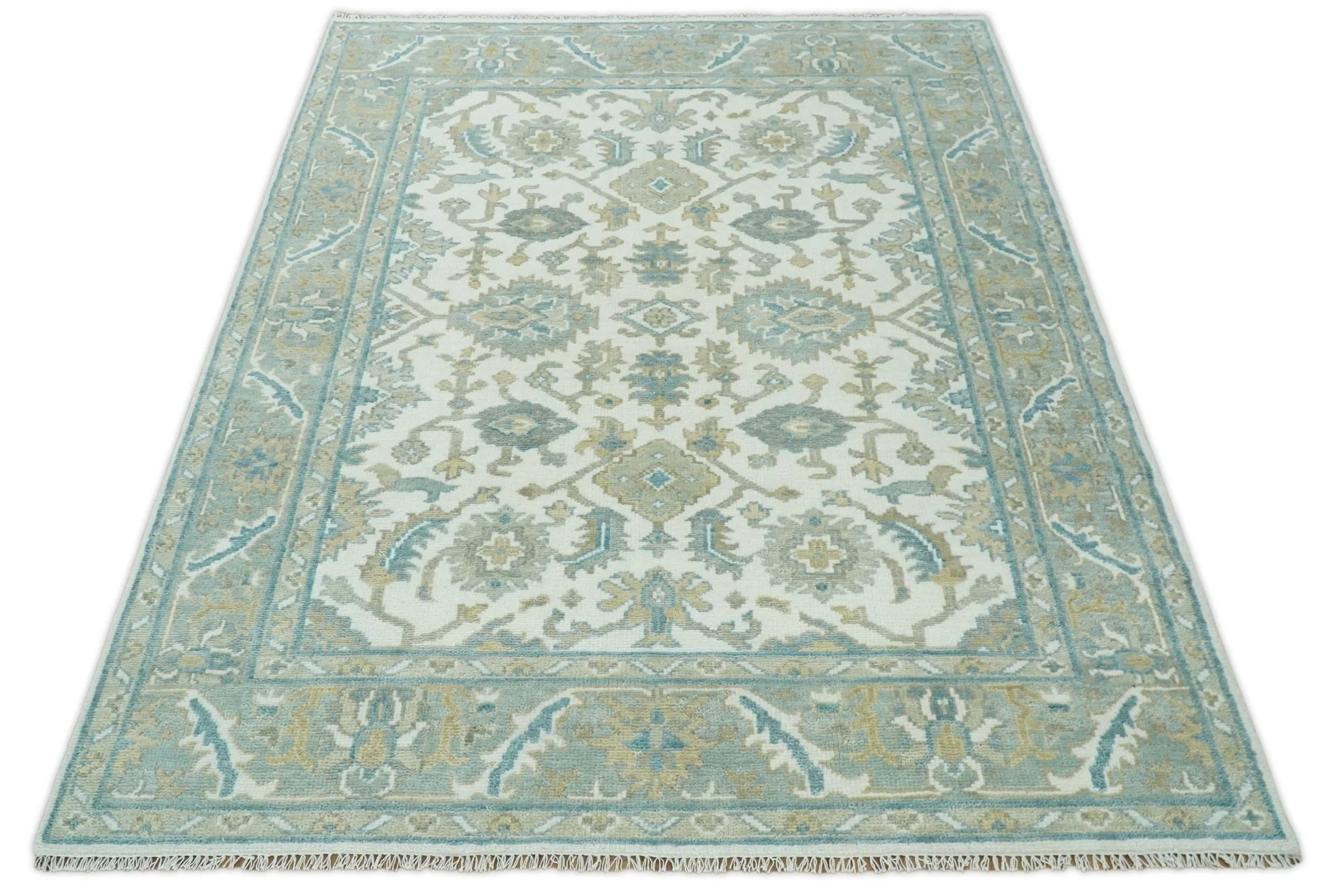 Hand Knotted Oriental Oushak Teal, Ivory and Beige Custom Made Wool Area Rug - Image 8