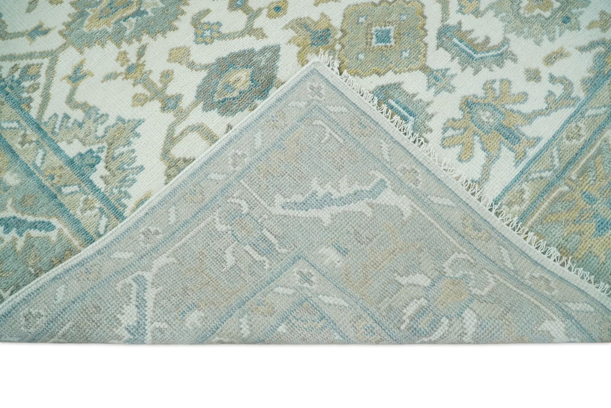 Hand Knotted Oriental Oushak Teal, Ivory and Beige Custom Made Wool Area Rug - Image 9