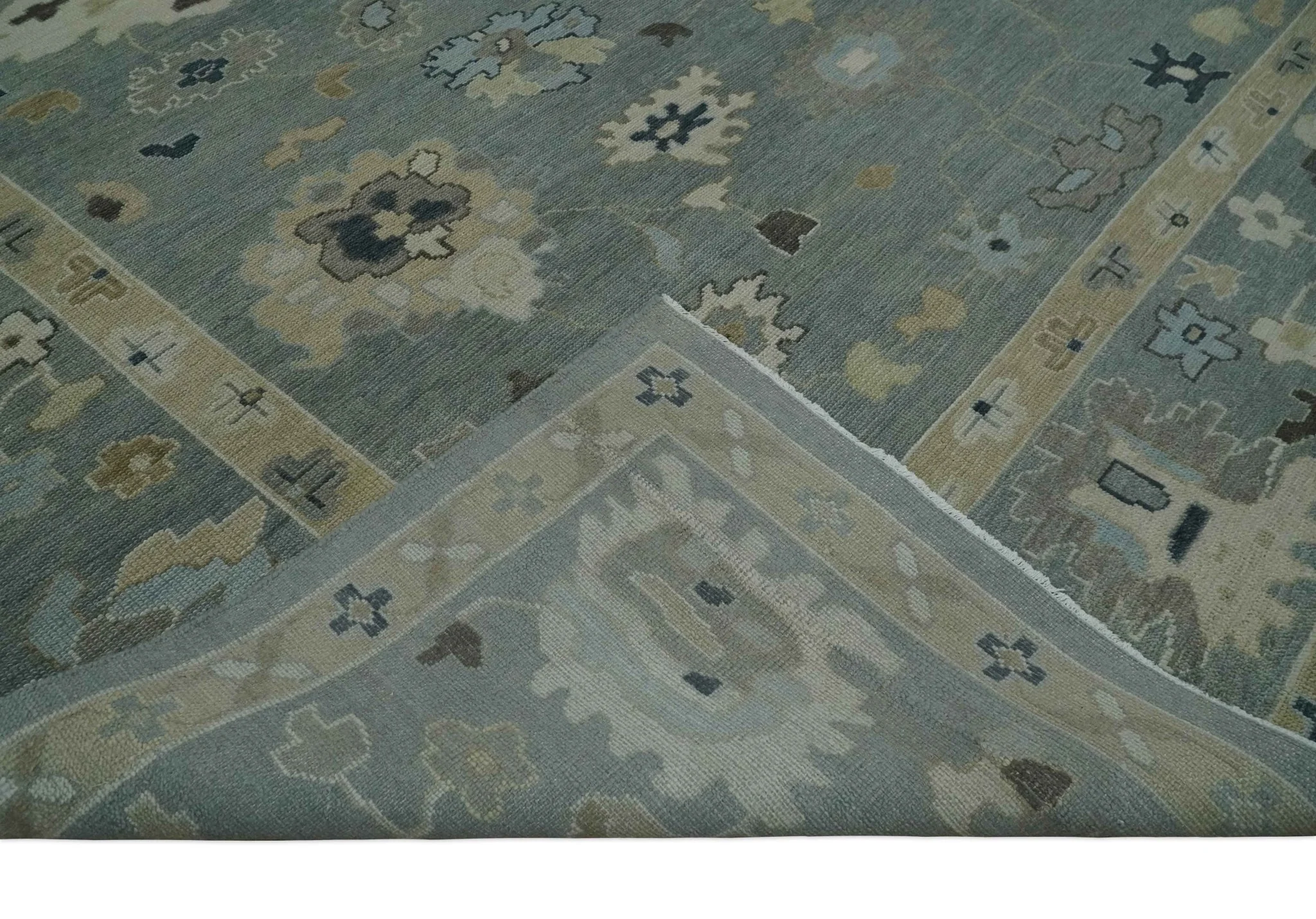 Antique Finish Multi Size Hand Knotted Oushak Silver and Beige Traditional Area Rug - Image 6