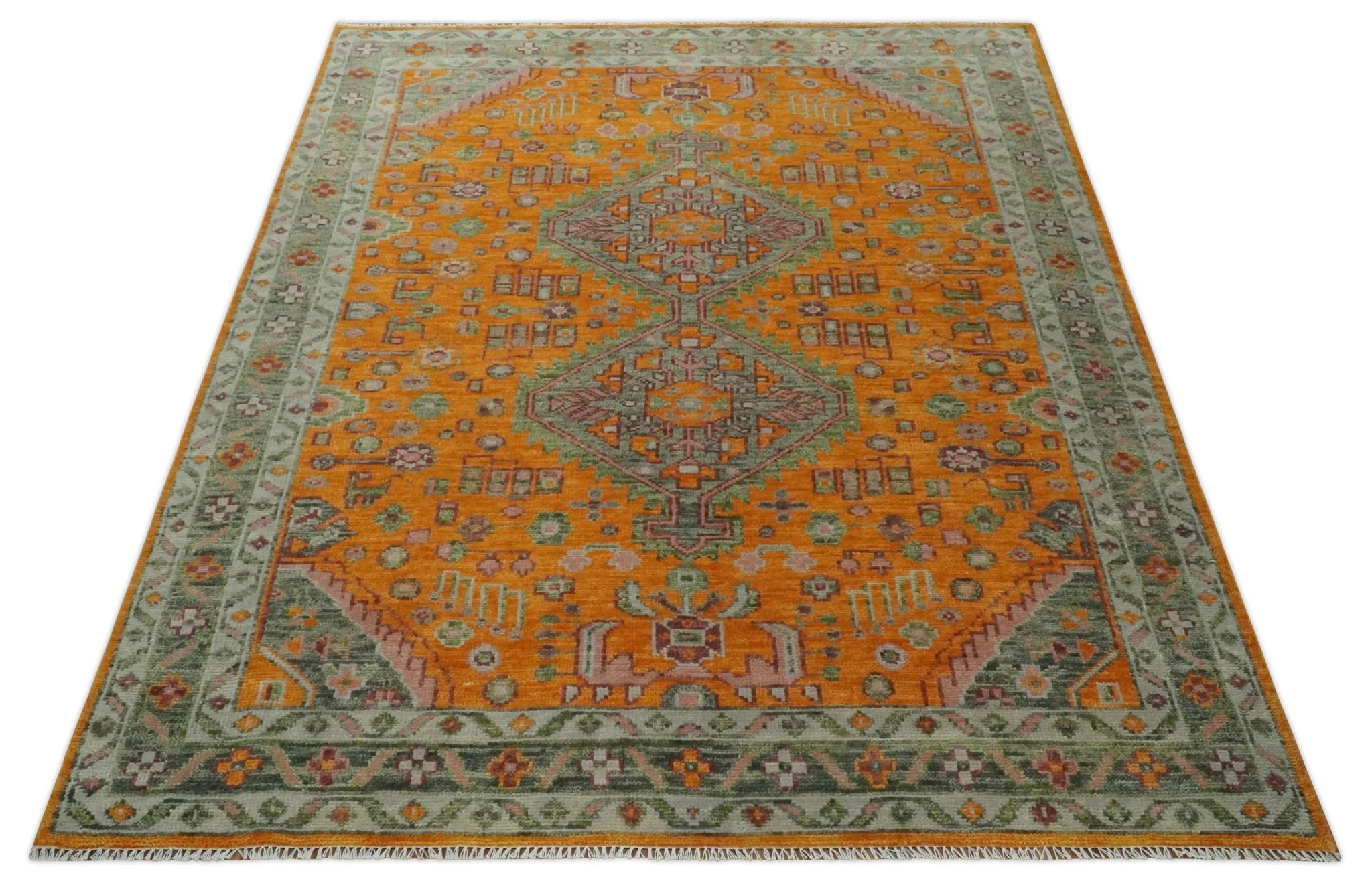 Custom Made Hand Knotted Carrot Red and Silver Oriental Traditional Wool Area Rug - Image 10