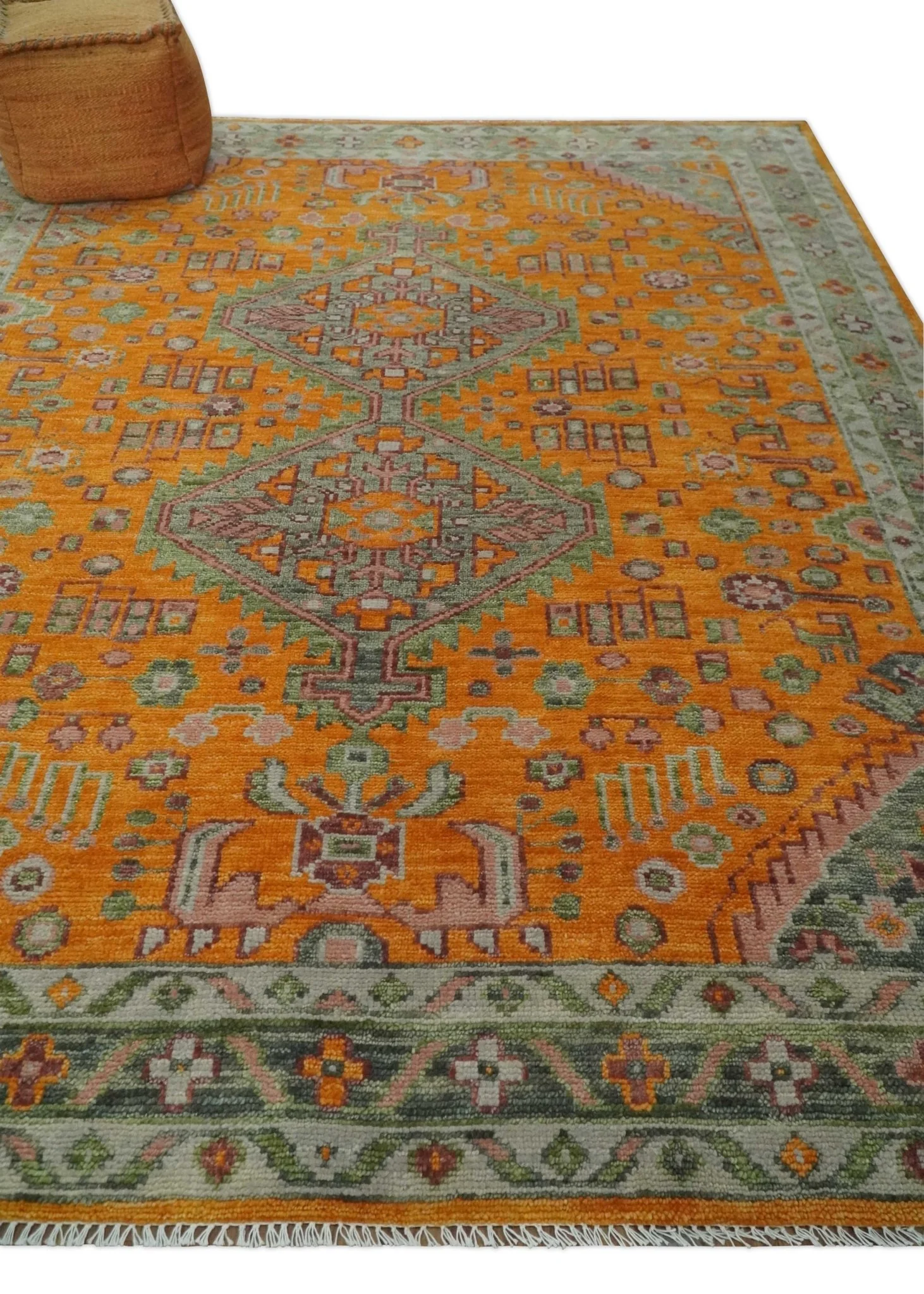 Custom Made Hand Knotted Carrot Red and Silver Oriental Traditional Wool Area Rug - Image 3