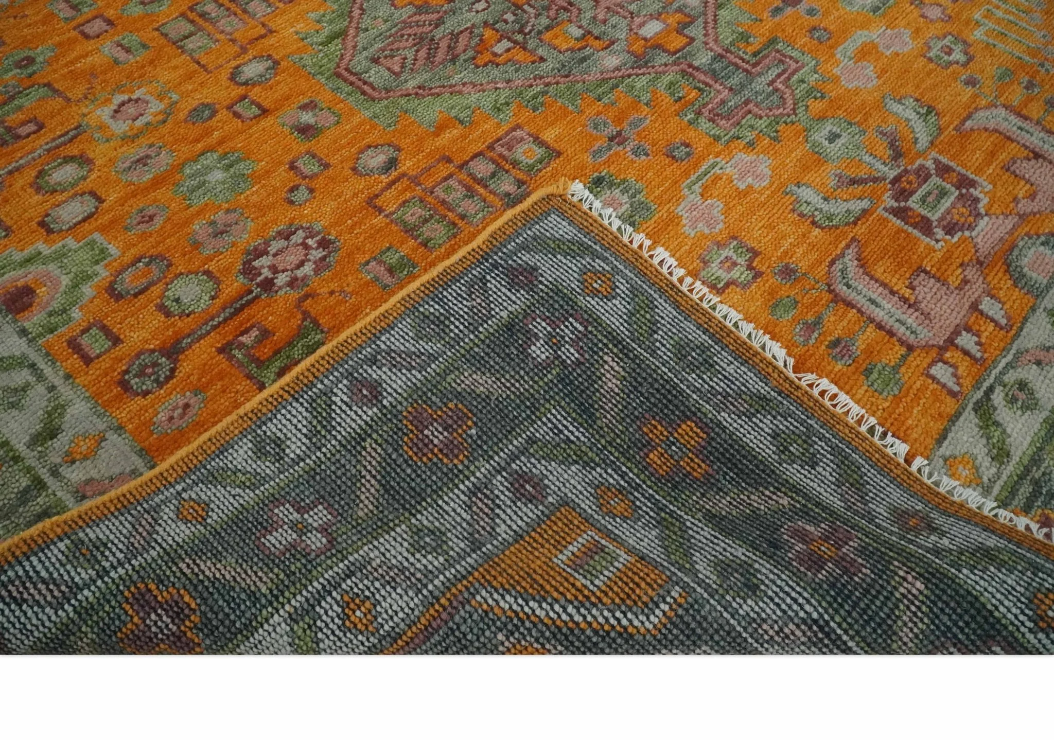Custom Made Hand Knotted Carrot Red and Silver Oriental Traditional Wool Area Rug - Image 6