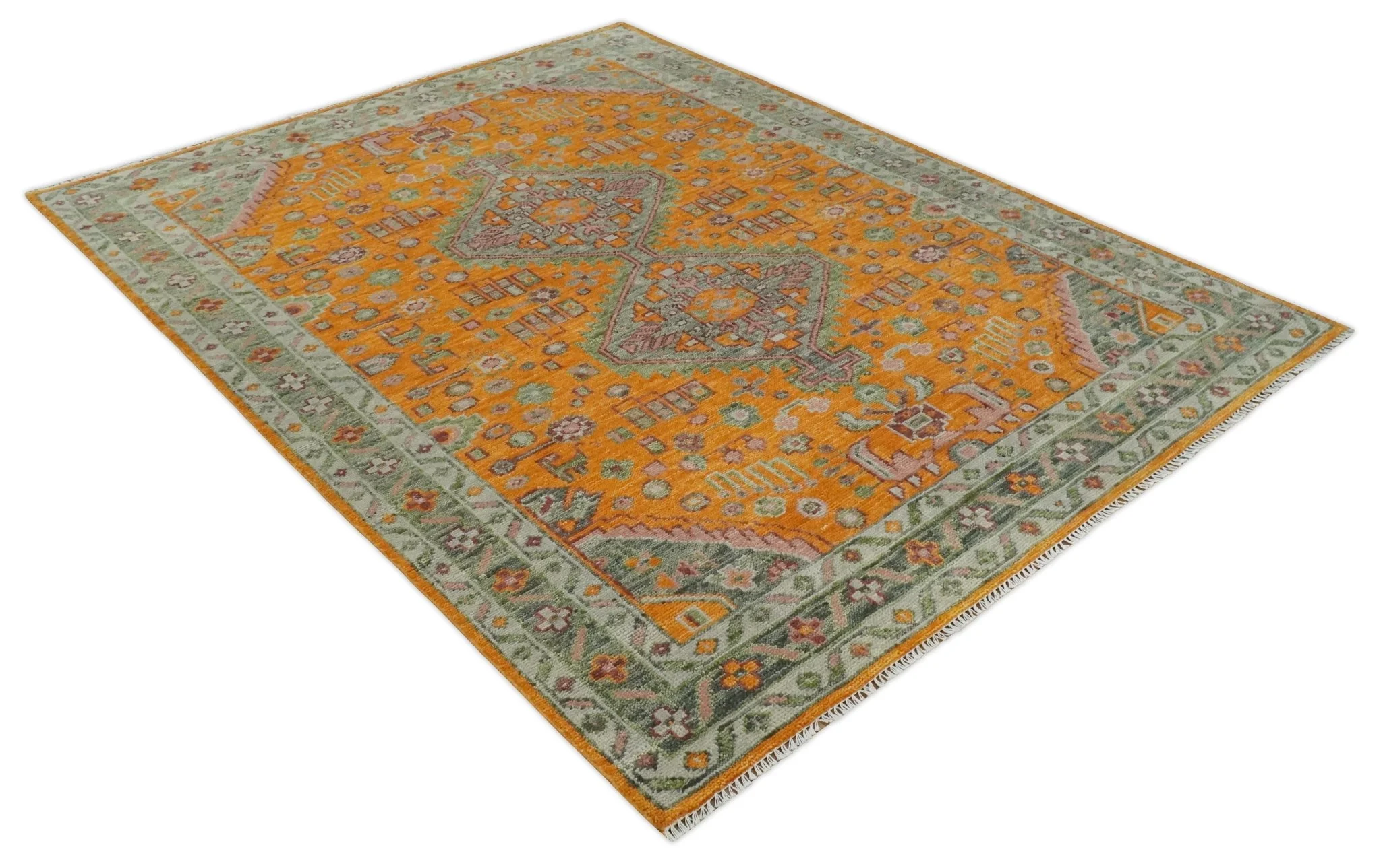 Custom Made Hand Knotted Carrot Red and Silver Oriental Traditional Wool Area Rug - Image 9