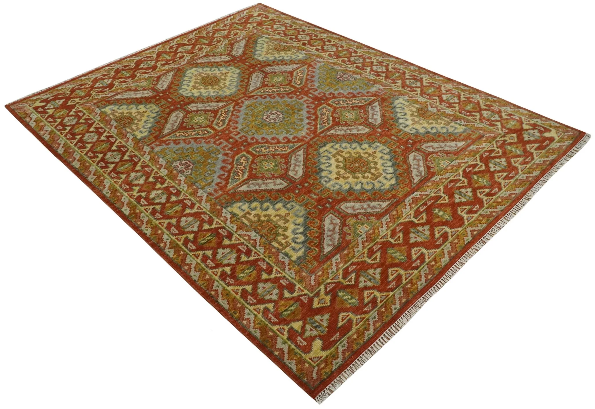 Custom Made Tribal Motifs Hand Knotted Rust, Gold and Blue Oriental Traditional Wool Area Rug - Image 10