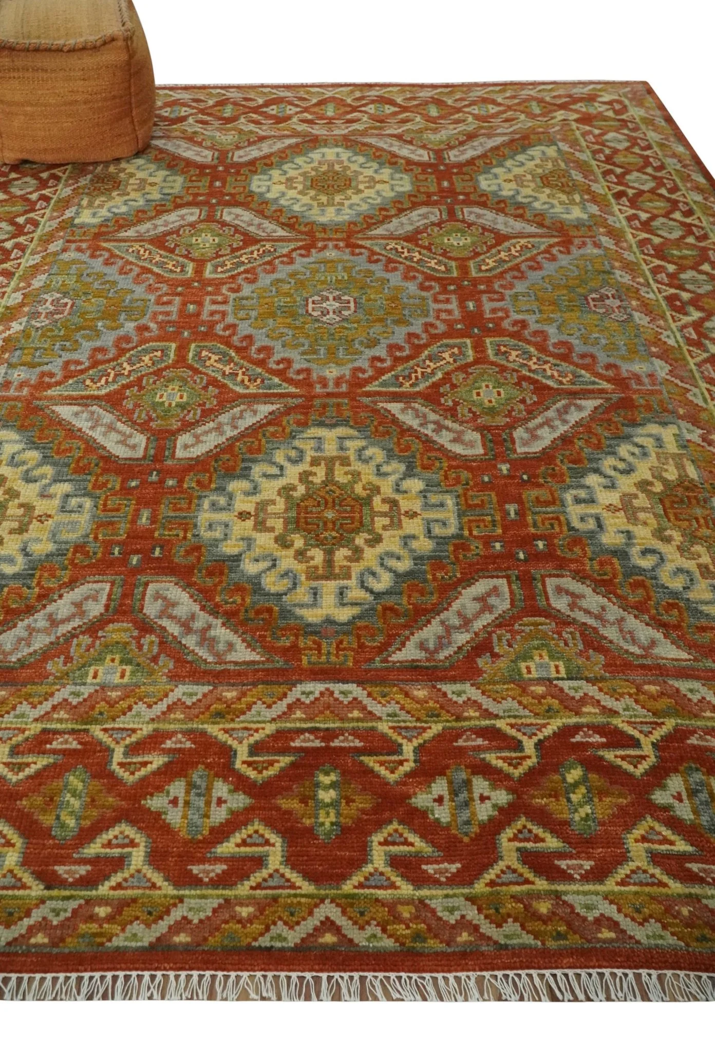 Custom Made Tribal Motifs Hand Knotted Rust, Gold and Blue Oriental Traditional Wool Area Rug - Image 3