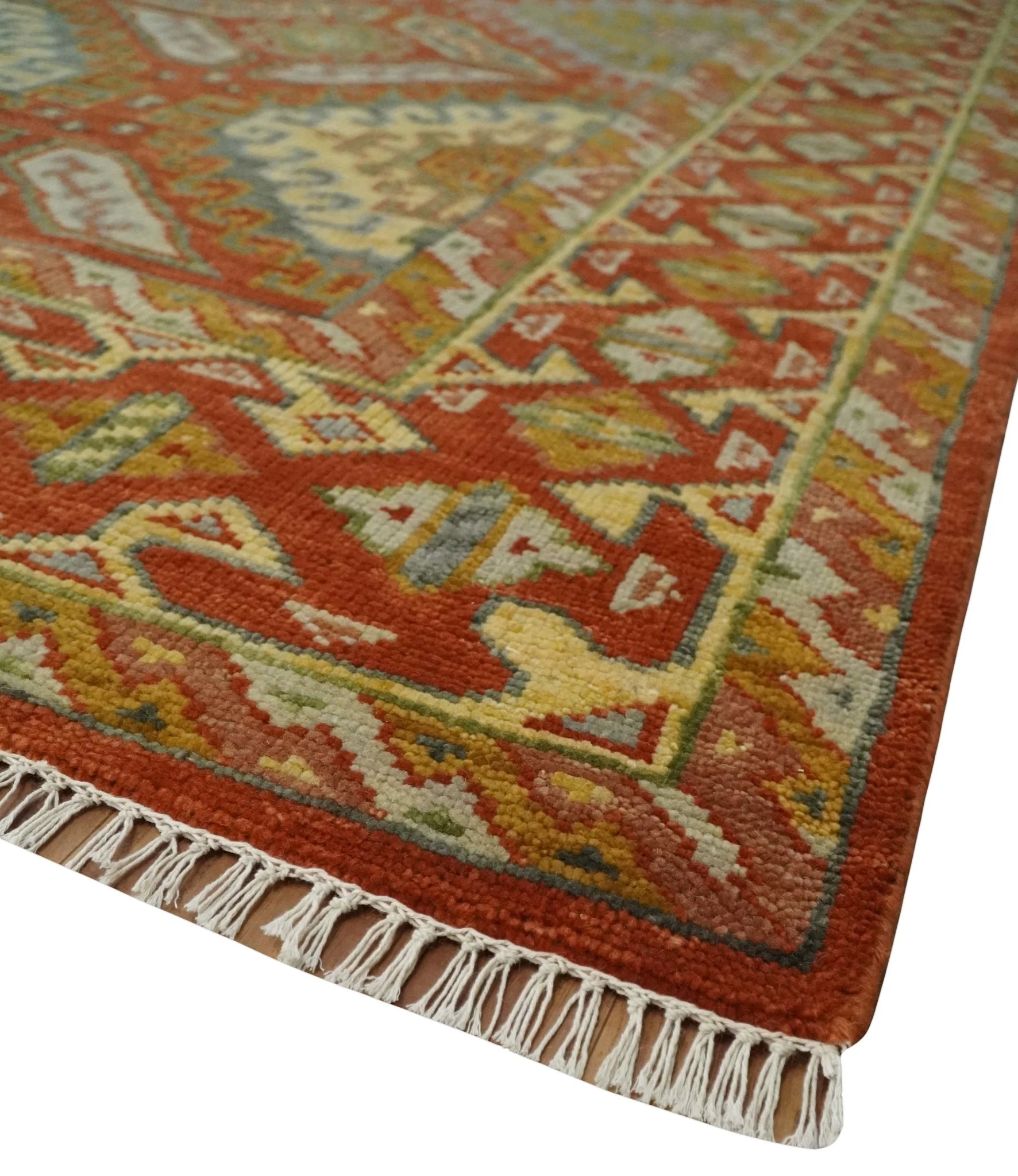Custom Made Tribal Motifs Hand Knotted Rust, Gold and Blue Oriental Traditional Wool Area Rug - Image 5