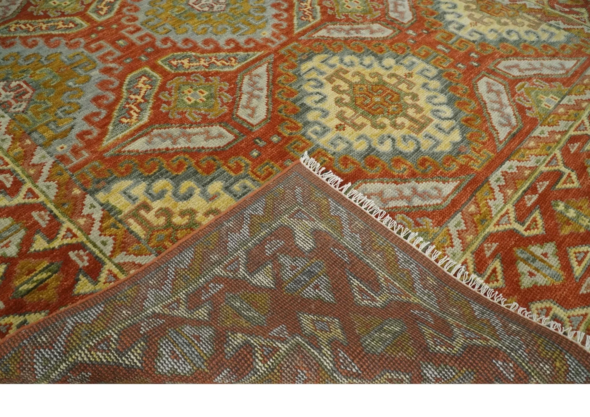 Custom Made Tribal Motifs Hand Knotted Rust, Gold and Blue Oriental Traditional Wool Area Rug - Image 6