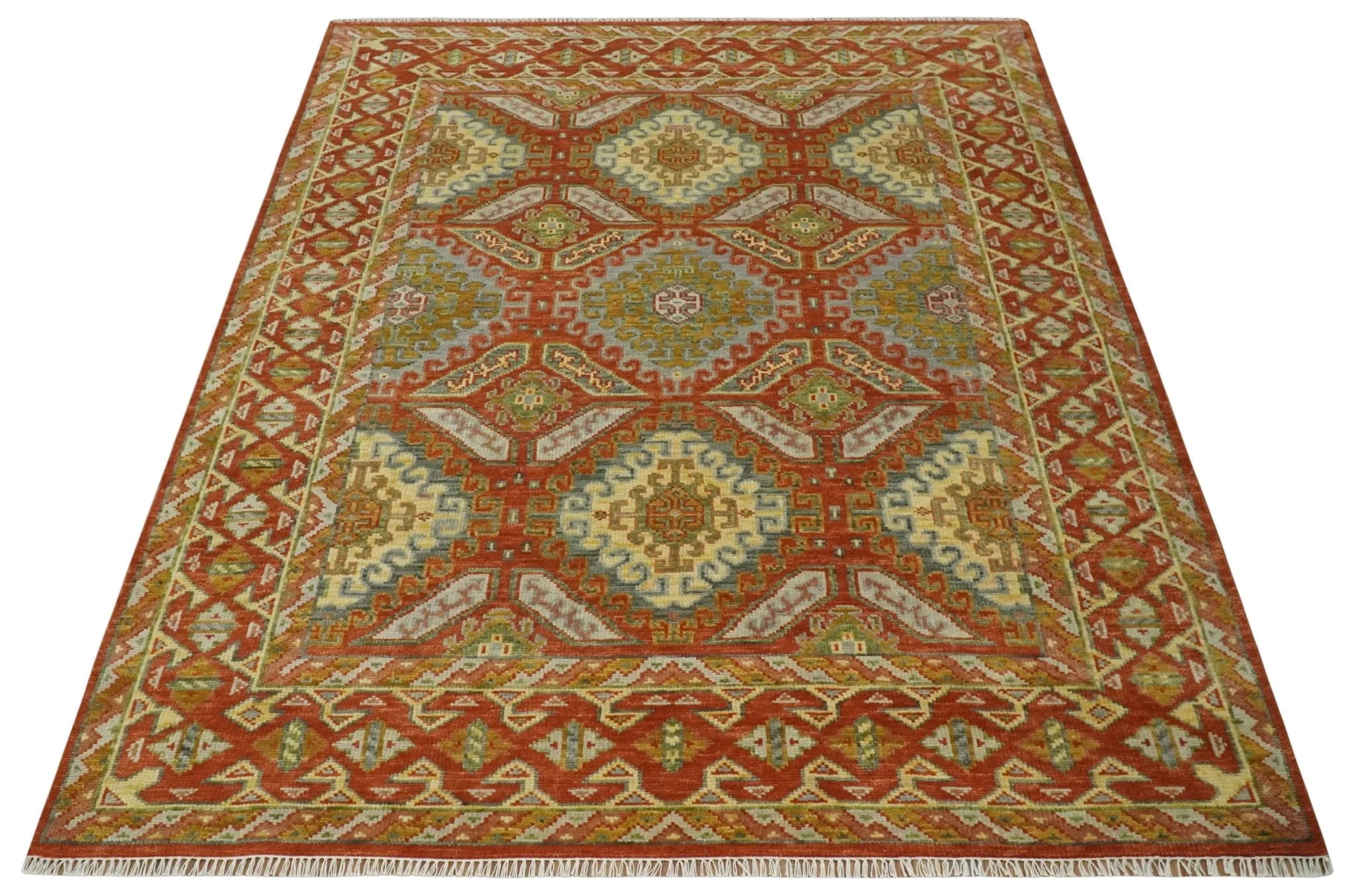 Custom Made Tribal Motifs Hand Knotted Rust, Gold and Blue Oriental Traditional Wool Area Rug - Image 9