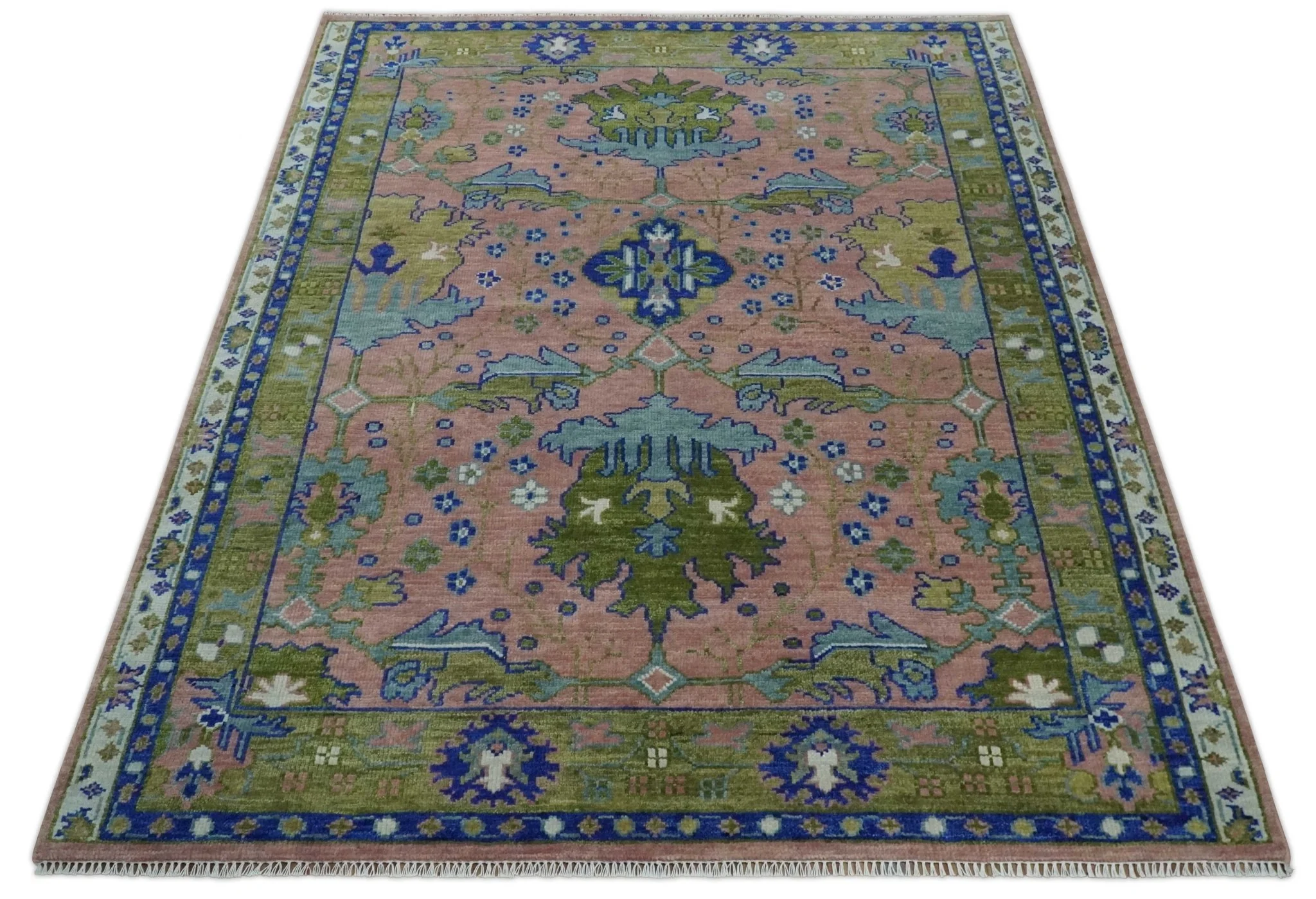 Custom Made Hand knotted Peach, Green and Blue Antique Design Area Rug - Image 10