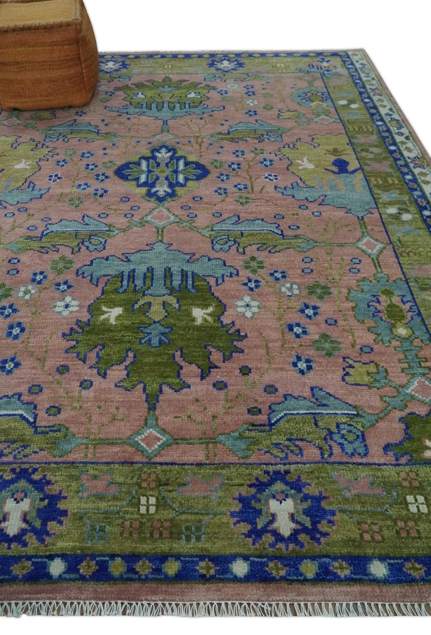 Custom Made Hand knotted Peach, Green and Blue Antique Design Area Rug - Image 3