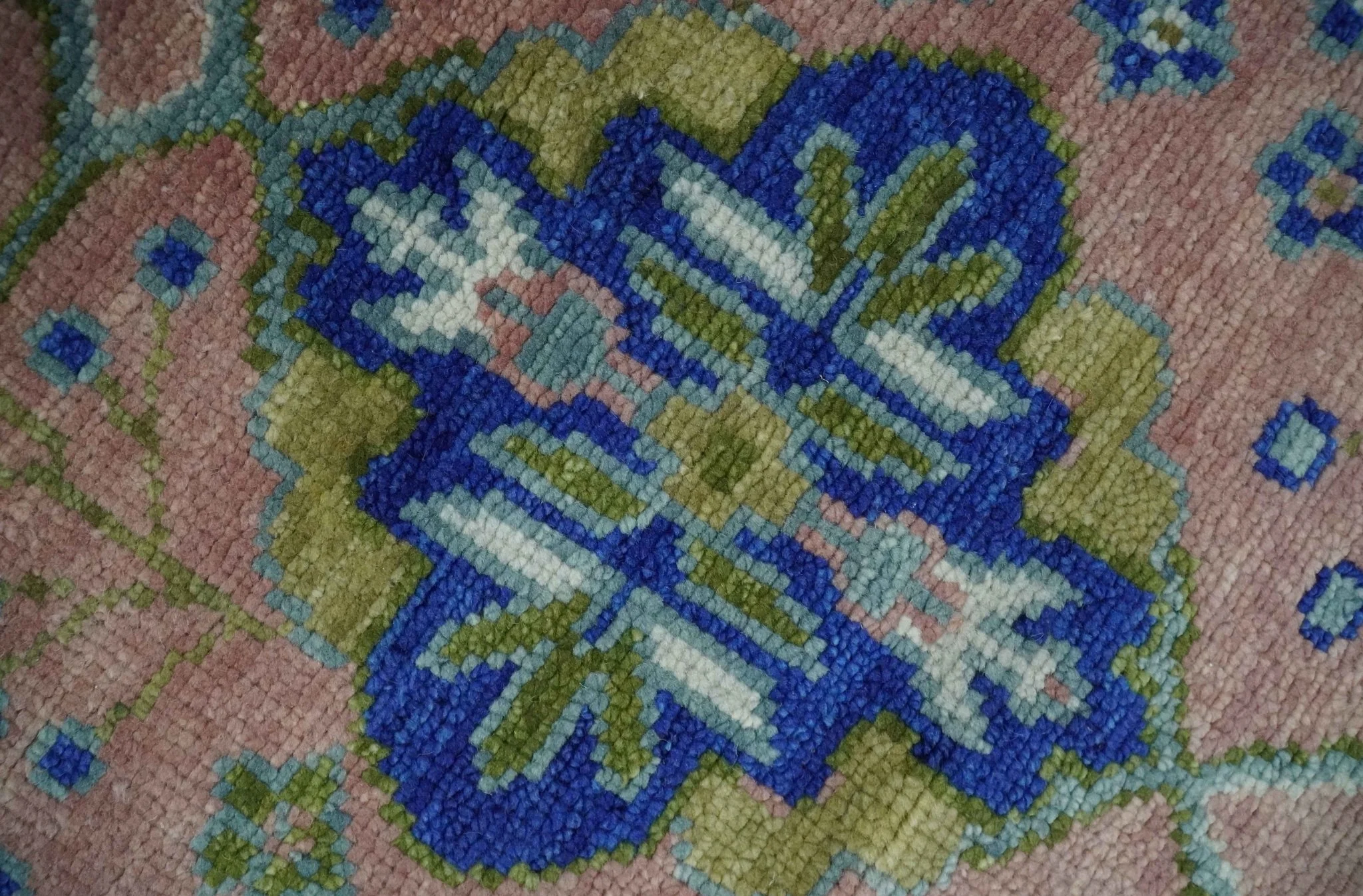 Custom Made Hand knotted Peach, Green and Blue Antique Design Area Rug - Image 4