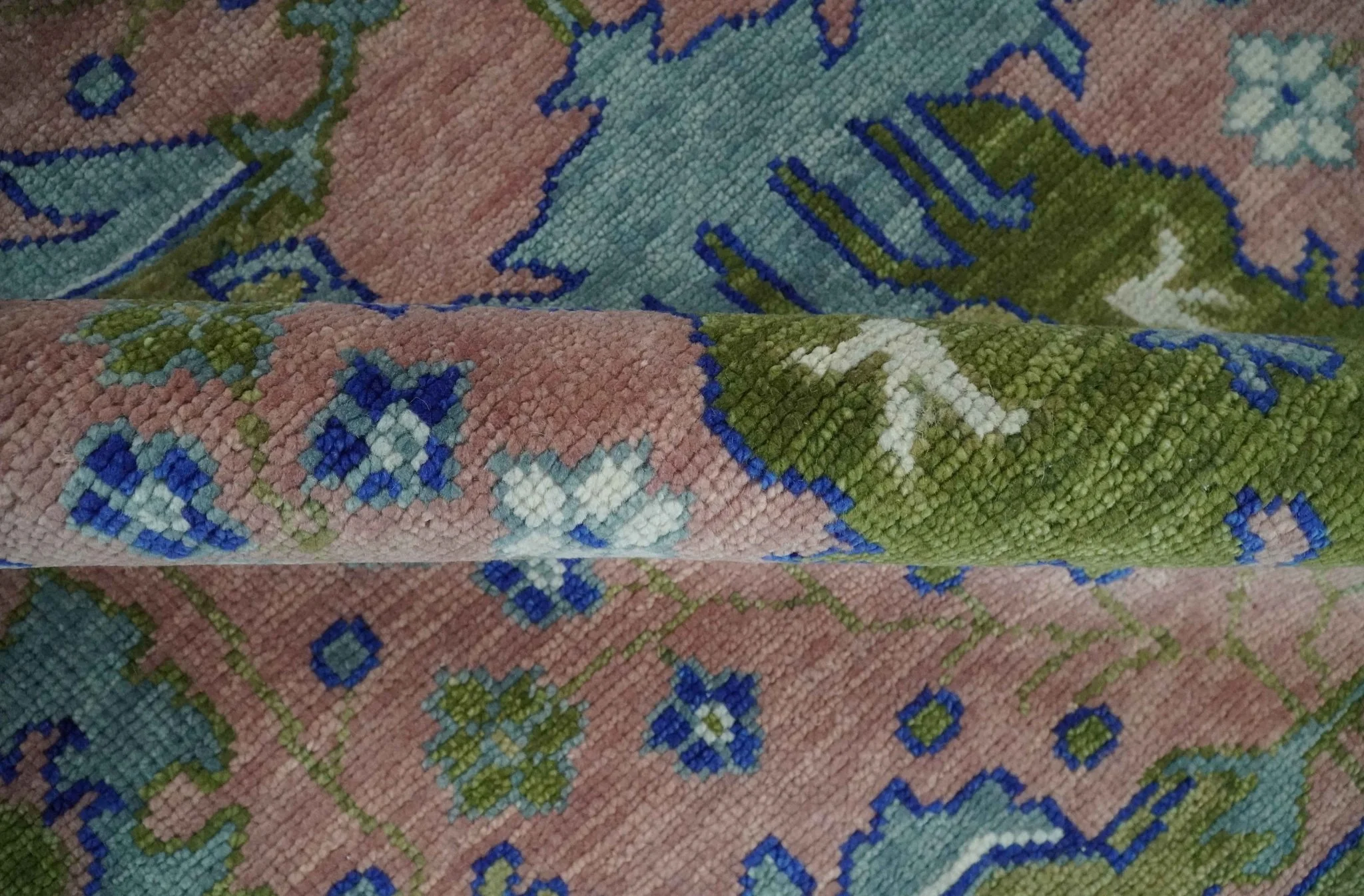 Custom Made Hand knotted Peach, Green and Blue Antique Design Area Rug - Image 6