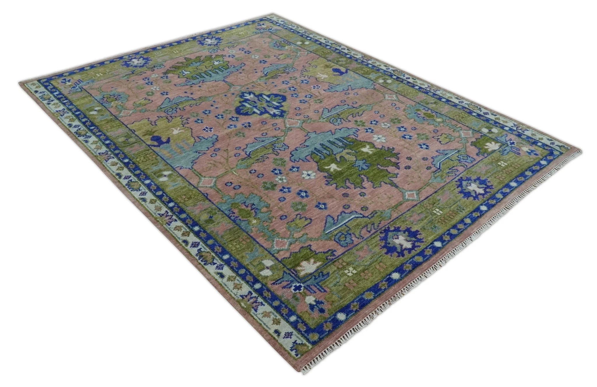 Custom Made Hand knotted Peach, Green and Blue Antique Design Area Rug - Image 9
