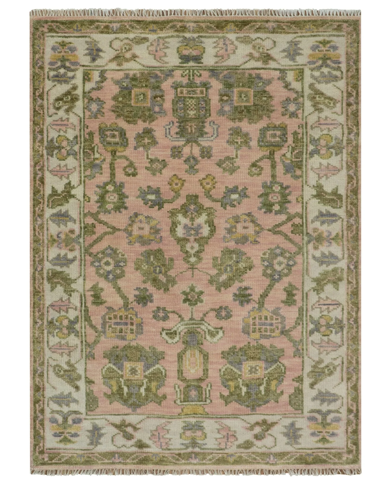 Custom Made Hand Knotted Peach, Ivory and Olive Traditional Style Wool Area Rug - Image 11