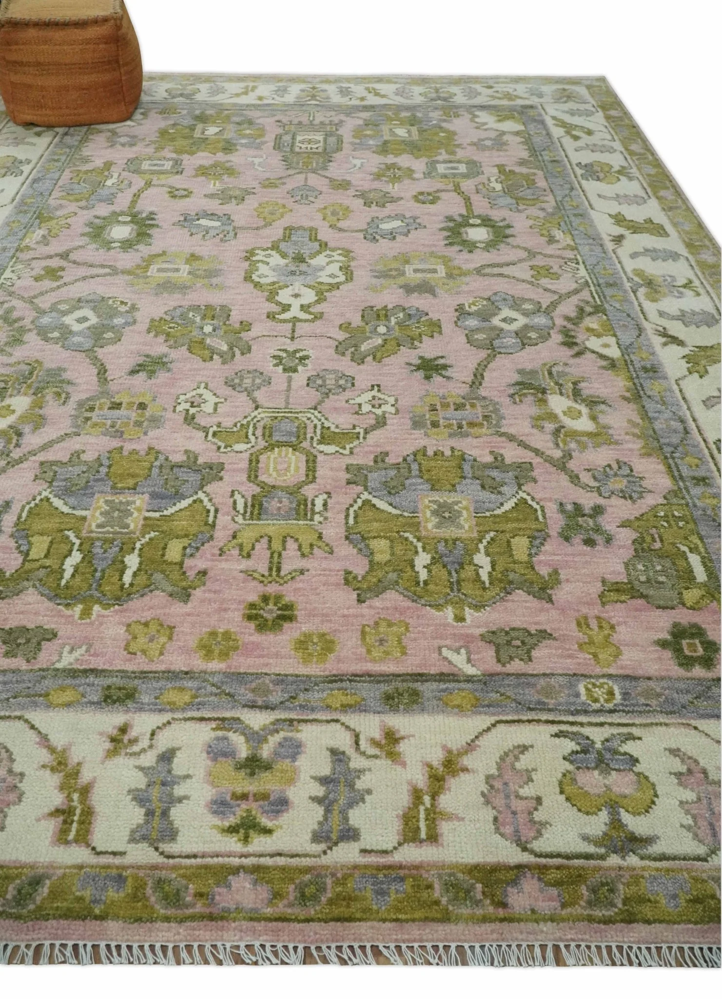 Custom Made Hand Knotted Peach, Ivory and Olive Traditional Style Wool Area Rug - Image 3