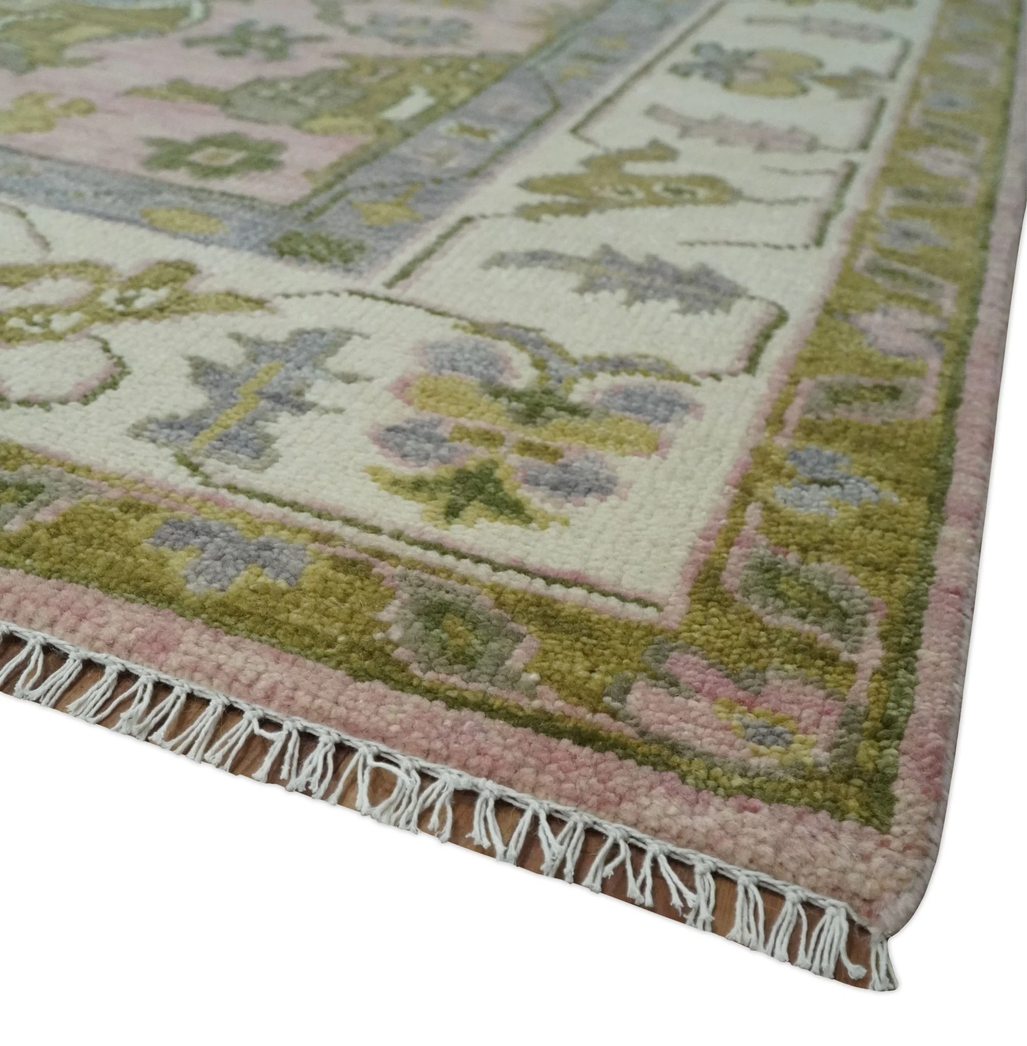 Custom Made Hand Knotted Peach, Ivory and Olive Traditional Style Wool Area Rug - Image 5