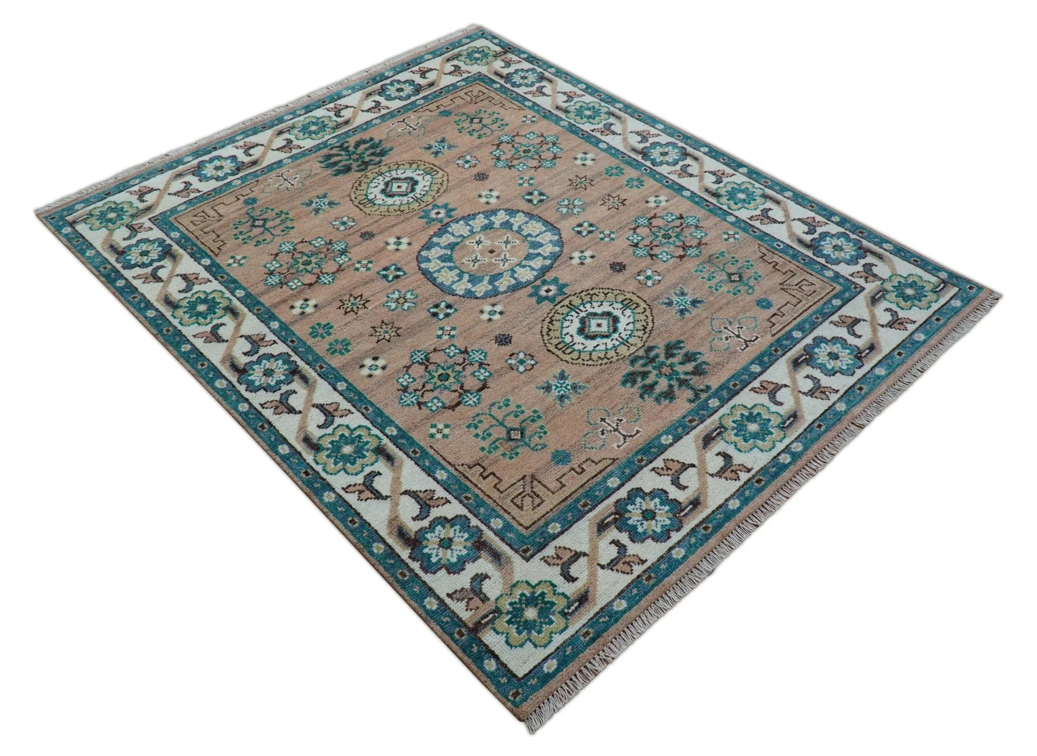Hand knotted Peach Traditional Khotan Design 8x10 Wool Area Rug - Image 10