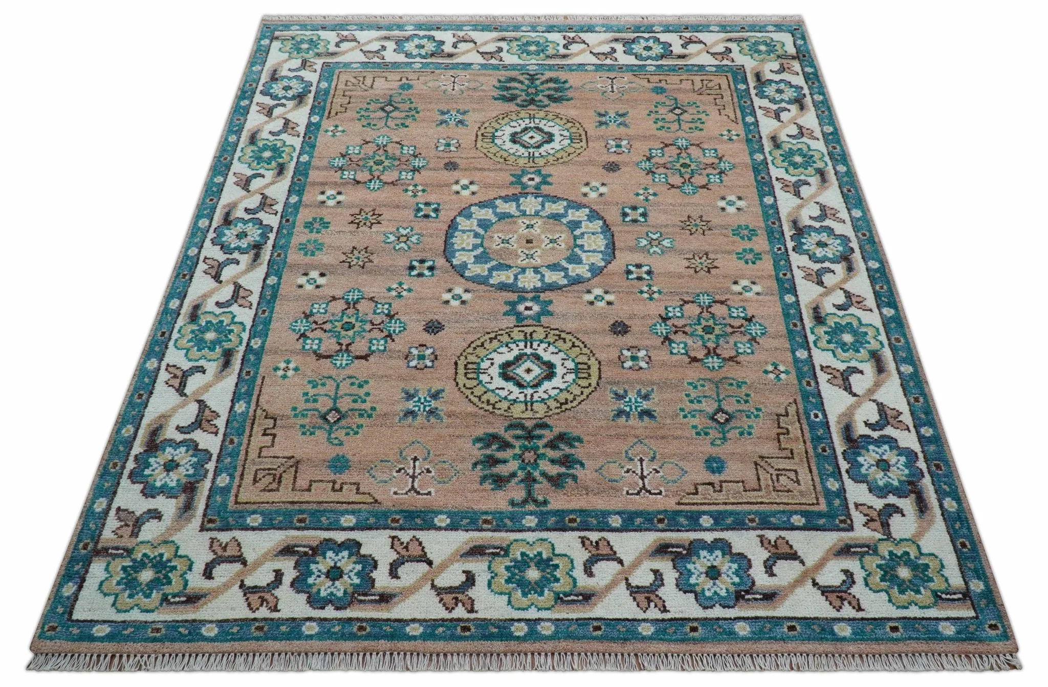 Hand knotted Peach Traditional Khotan Design 8x10 Wool Area Rug - Image 11