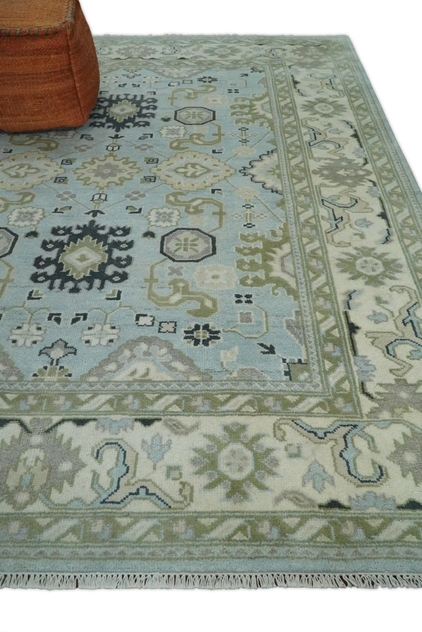 Hand Knotted Persian Oushak 8x10 Blue and Beige Antique Large Wool Area Rug | TRDCP236810 - Image 3