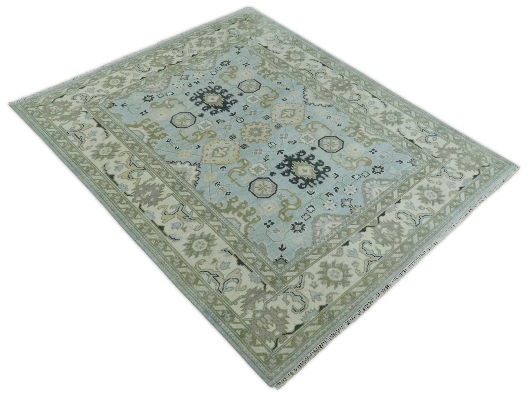 Hand Knotted Persian Oushak 8x10 Blue and Beige Antique Large Wool Area Rug | TRDCP236810 - Image 4