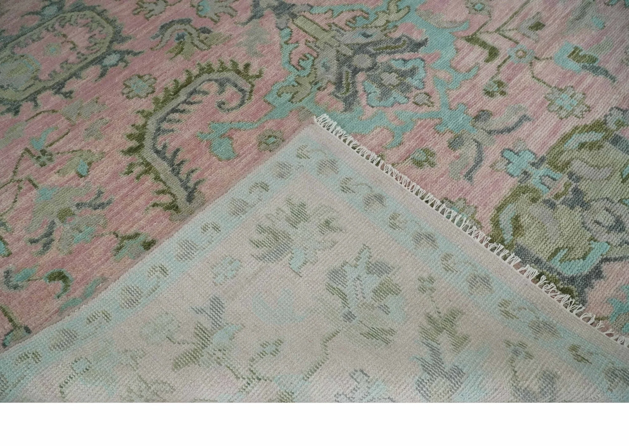 Hand Knotted Pink and Aqua Oriental Oushak Multi Size Traditional Wool Area Rug, Living Room and Bedroom Rug - Image 6