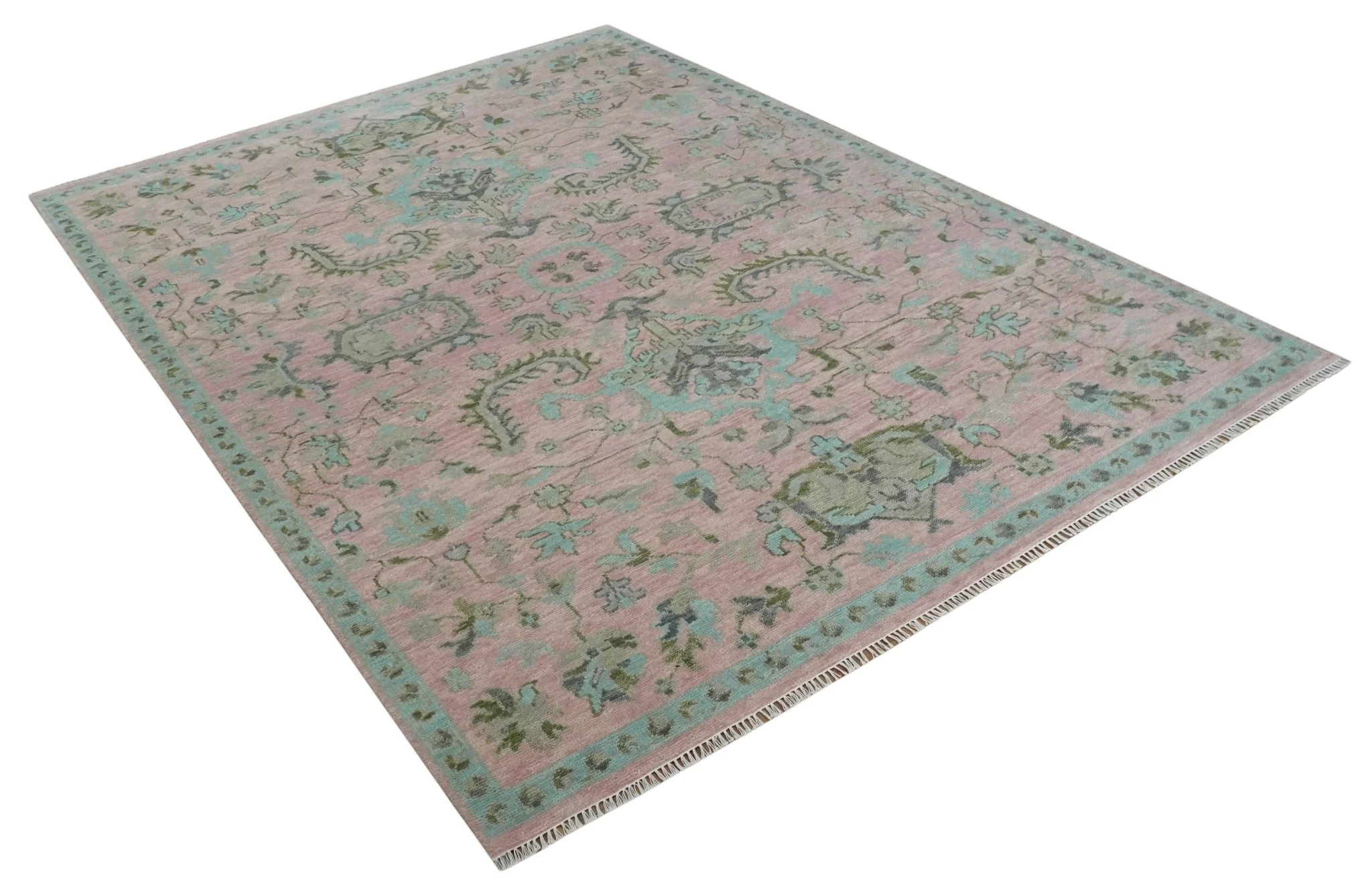 Hand Knotted Pink and Aqua Oriental Oushak Multi Size Traditional Wool Area Rug, Living Room and Bedroom Rug - Image 9