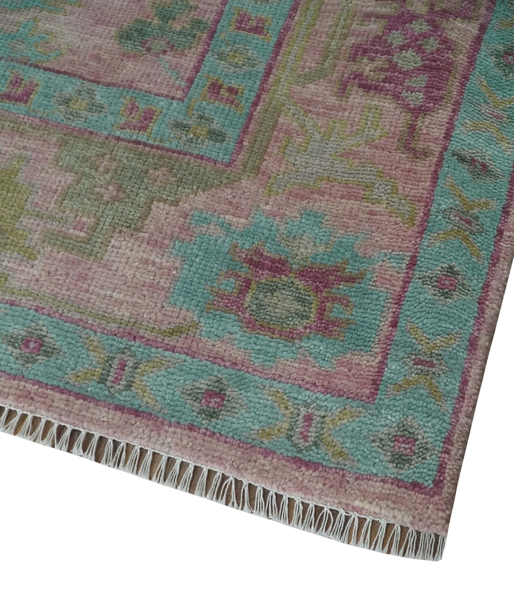 Hand Knotted Pink, Aqua and Purple Vibrant colorful Multi Size Oushak Wool Area Rug - Image 5