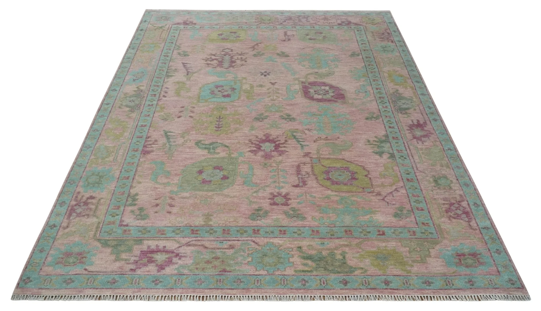 Hand Knotted Pink, Aqua and Purple Vibrant colorful Multi Size Oushak Wool Area Rug - Image 9