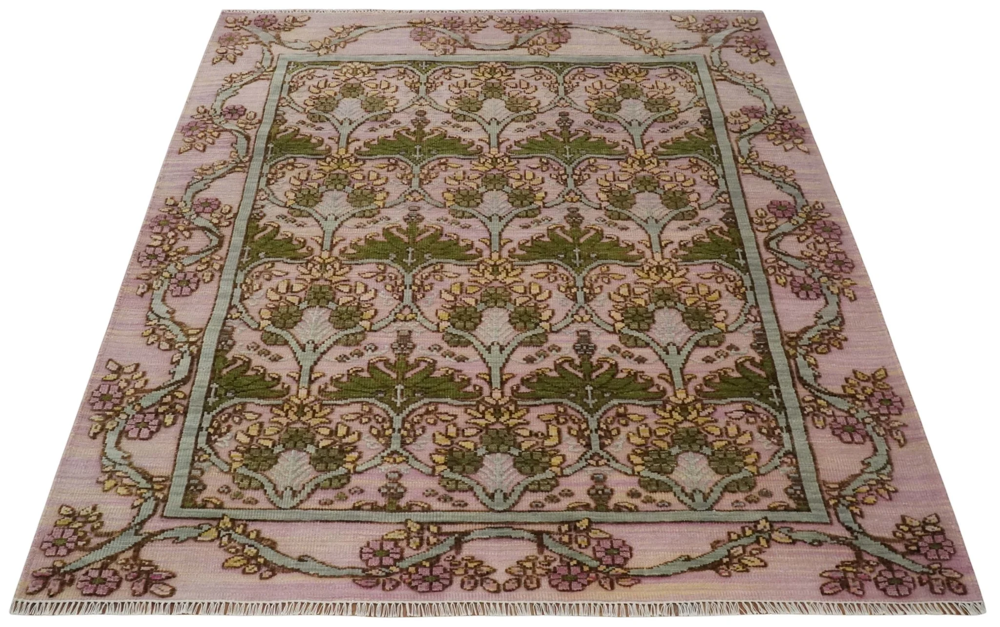 Hand Knotted Pink, Green and Beige Floral Traditional Antique Style Wool Area Rug - Image 11