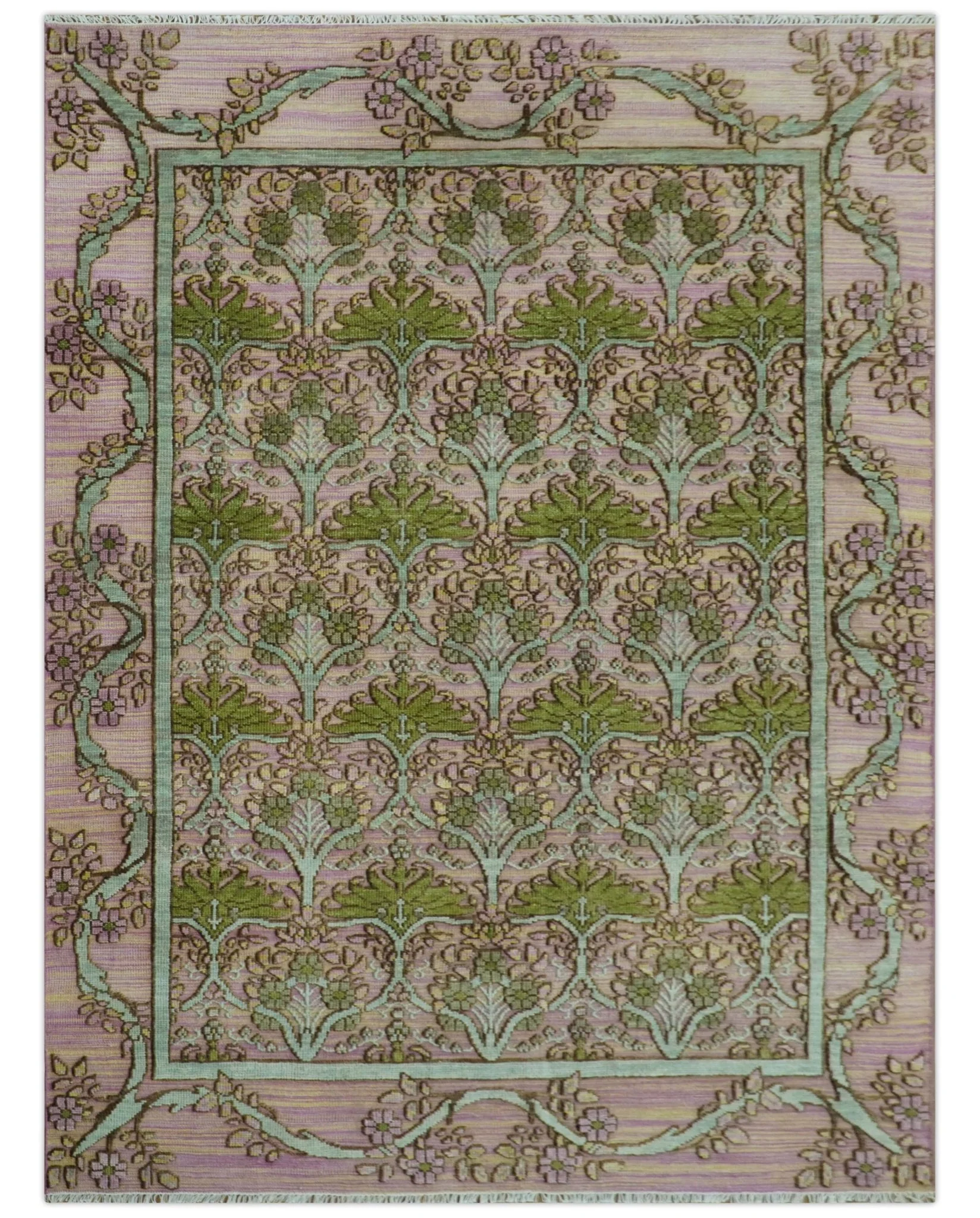 Hand Knotted Pink, Green and Beige Floral Traditional Antique Style Wool Area Rug - Image 12