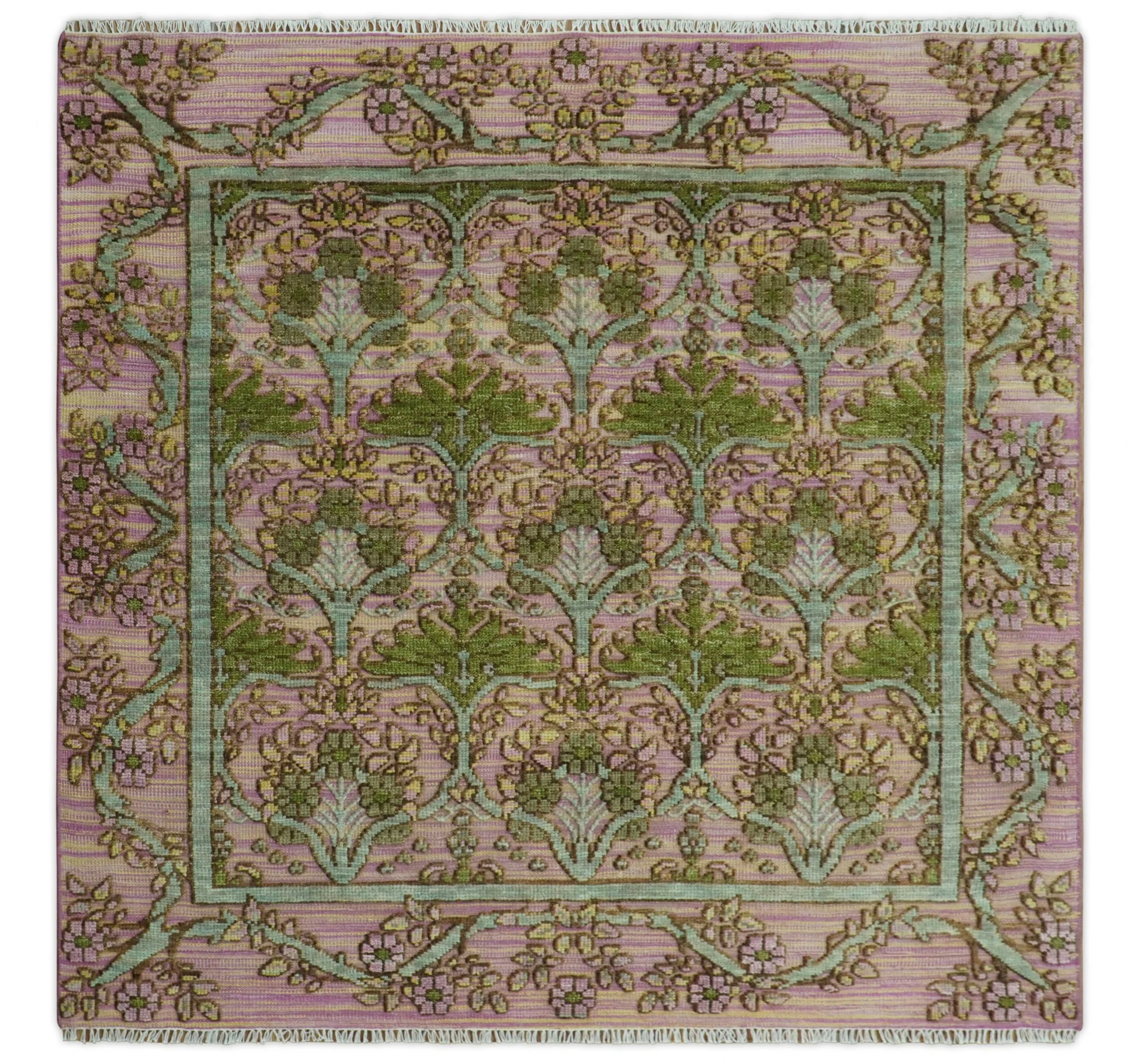 Hand Knotted Pink, Green and Beige Floral Traditional Antique Style Wool Area Rug - Image 13