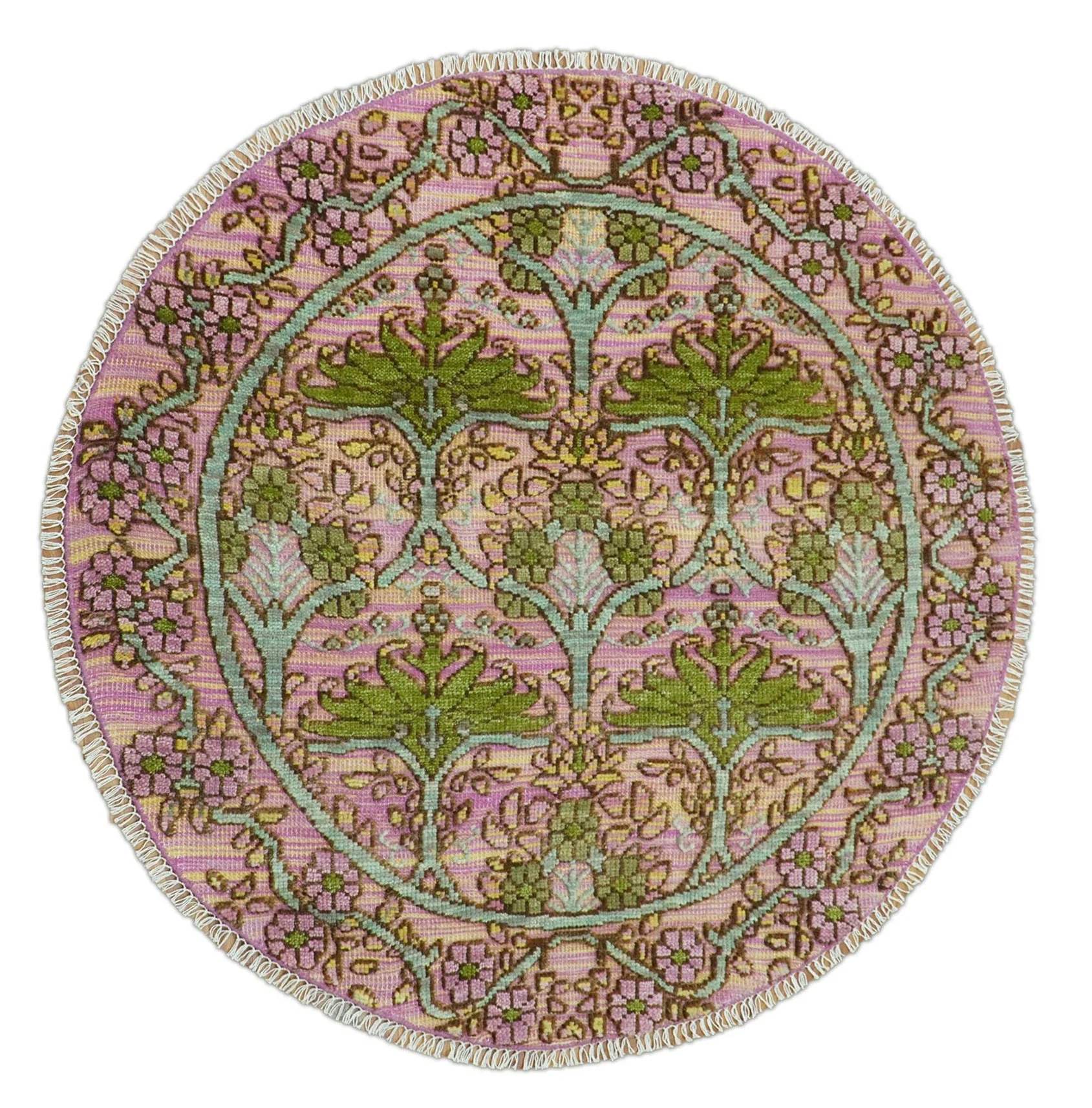 Hand Knotted Pink, Green and Beige Floral Traditional Antique Style Wool Area Rug - Image 15