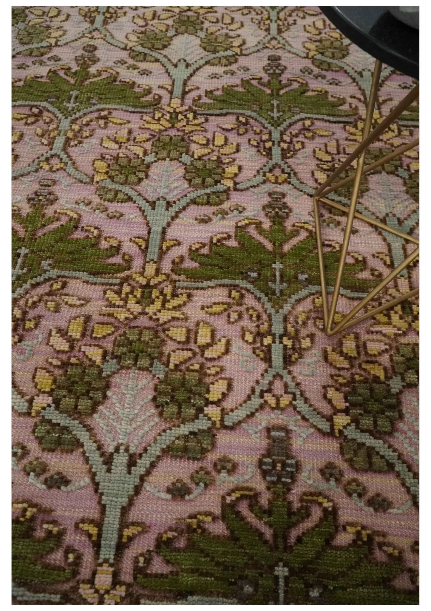 Hand Knotted Pink, Green and Beige Floral Traditional Antique Style Wool Area Rug - Image 3