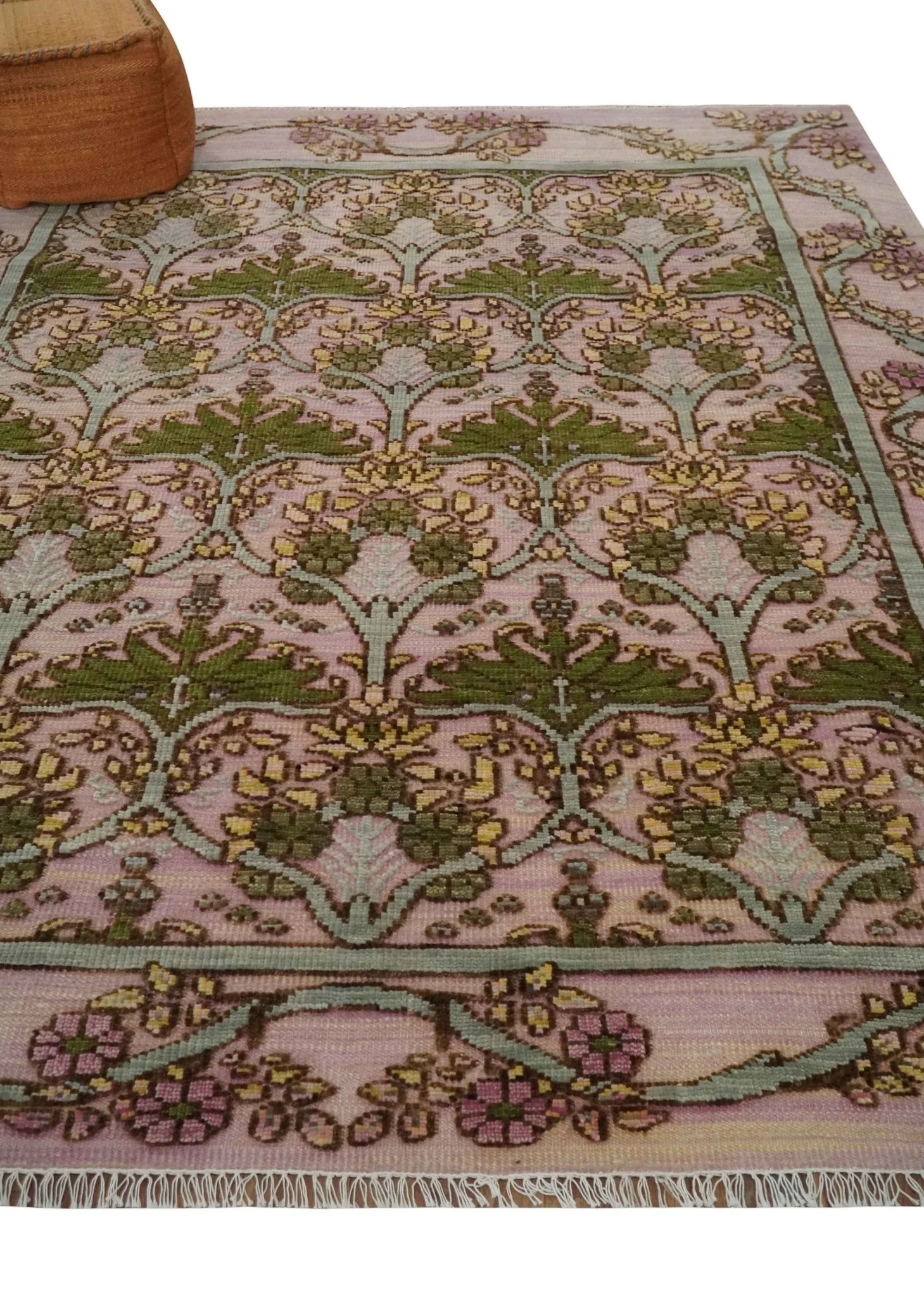 Hand Knotted Pink, Green and Beige Floral Traditional Antique Style Wool Area Rug - Image 4