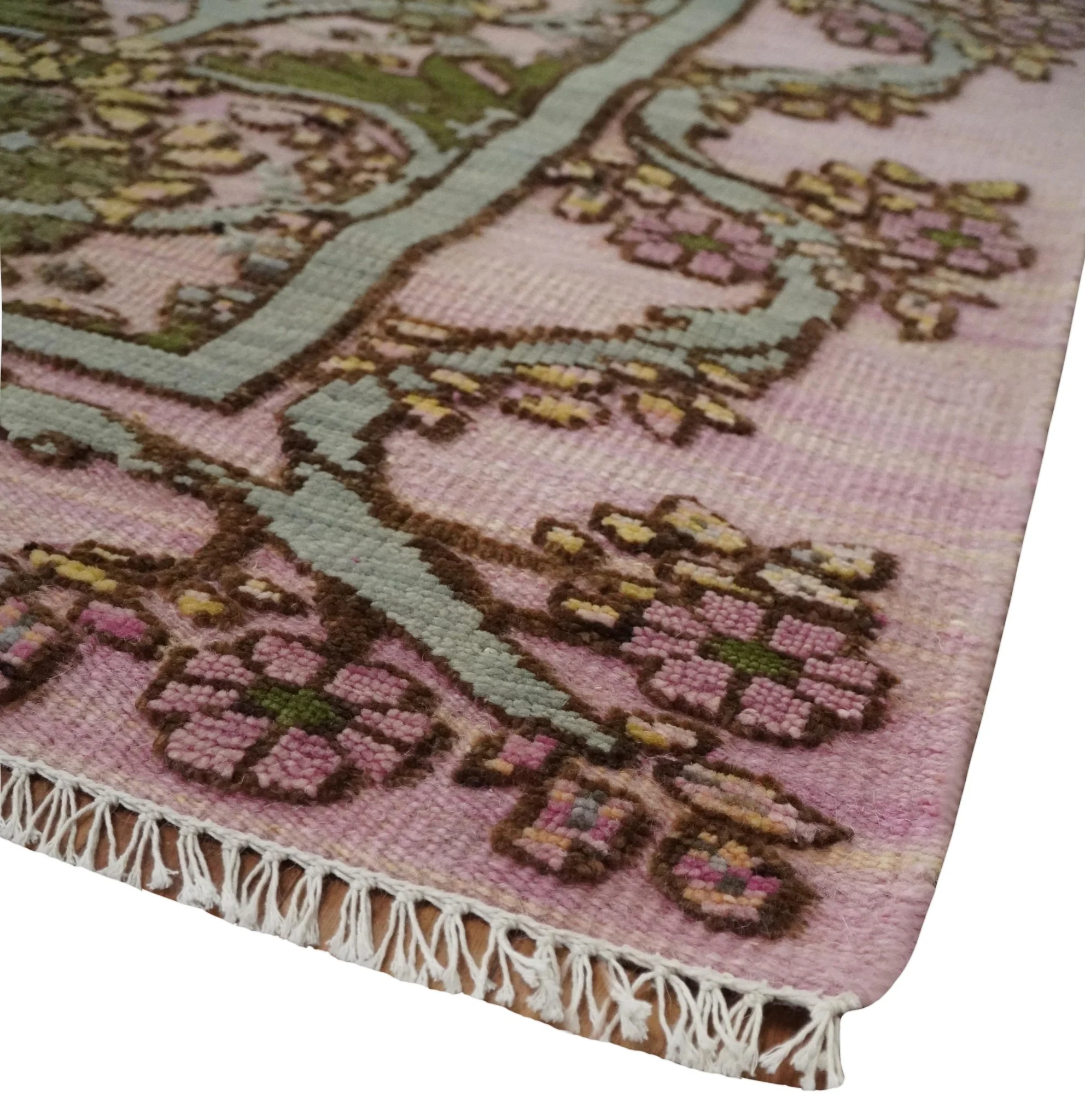 Hand Knotted Pink, Green and Beige Floral Traditional Antique Style Wool Area Rug - Image 6