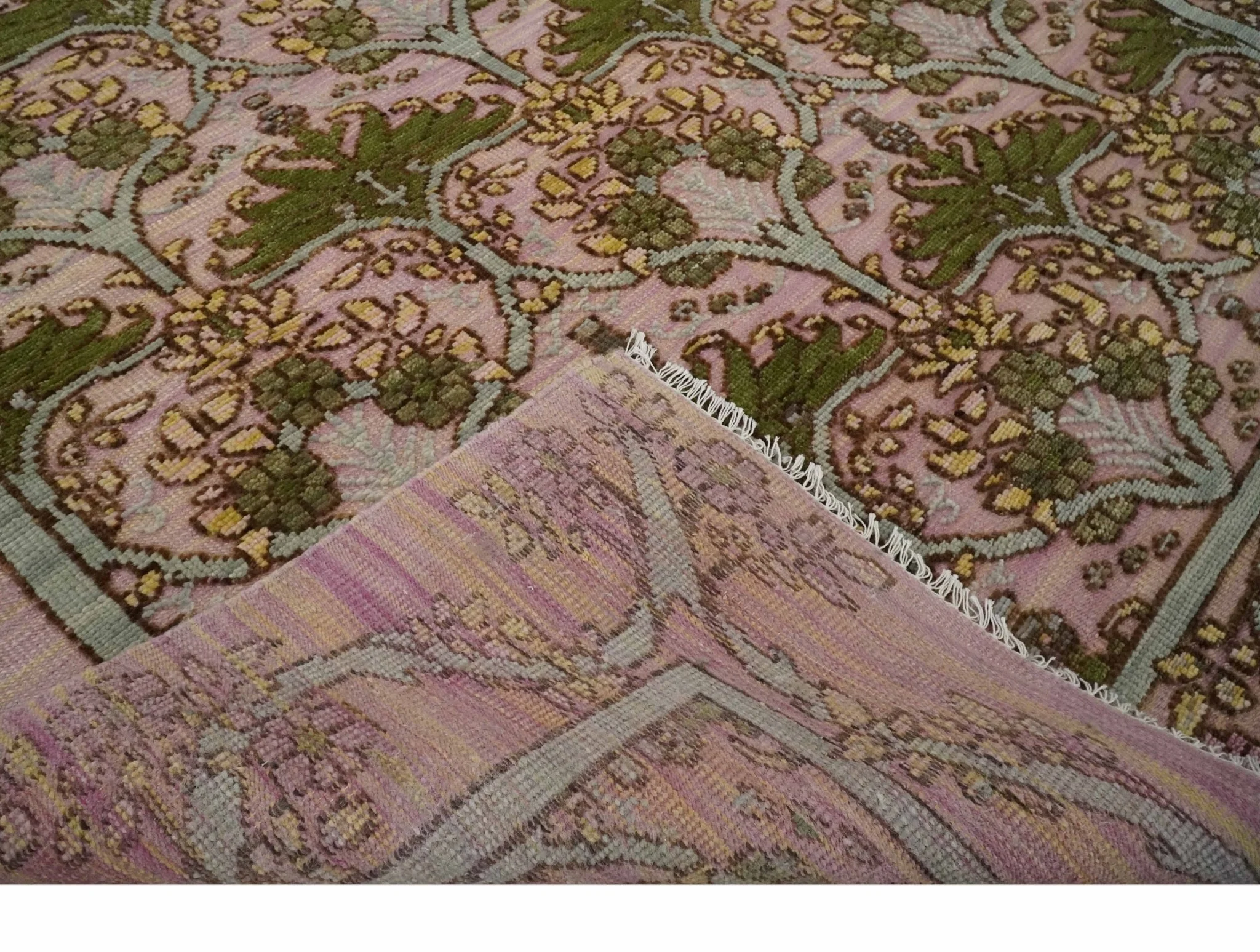 Hand Knotted Pink, Green and Beige Floral Traditional Antique Style Wool Area Rug - Image 7